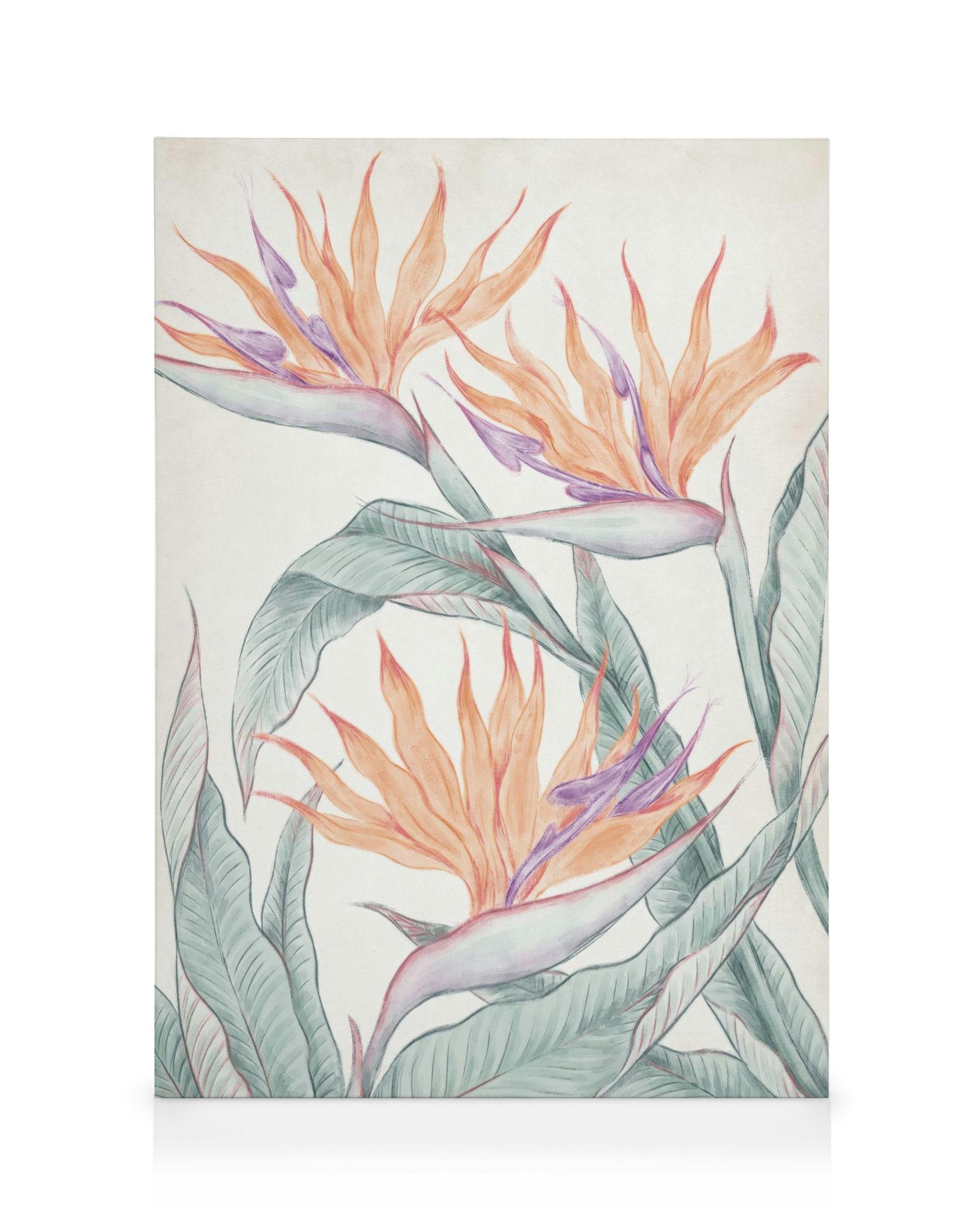 Stampa su tela Fiori Uccelli del Paradiso, acquerello vibrante su sfondo bianco testurizzato con foglie verdi