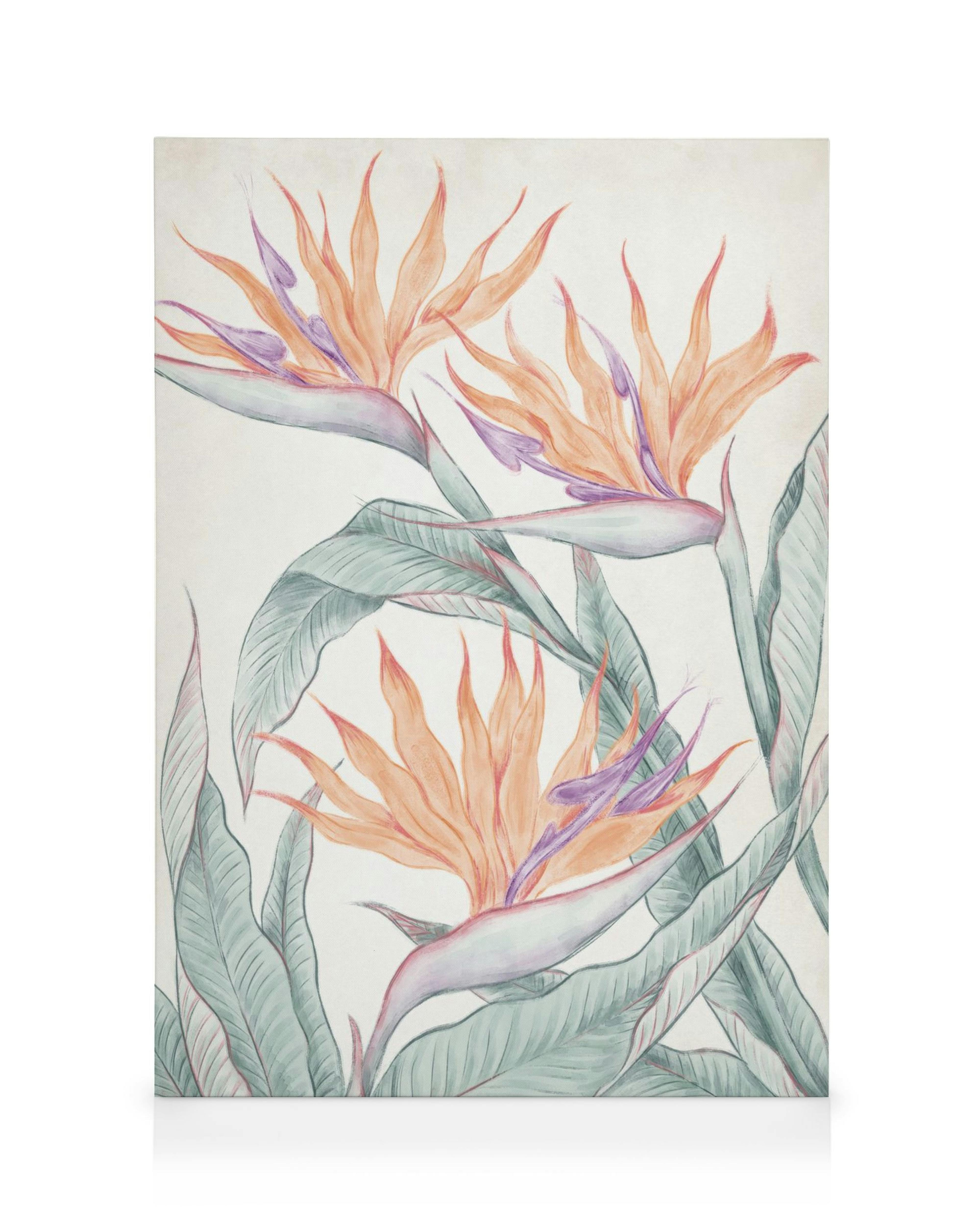 Stampa su tela Fiori Uccelli del Paradiso, acquerello vibrante su sfondo bianco testurizzato con foglie verdi