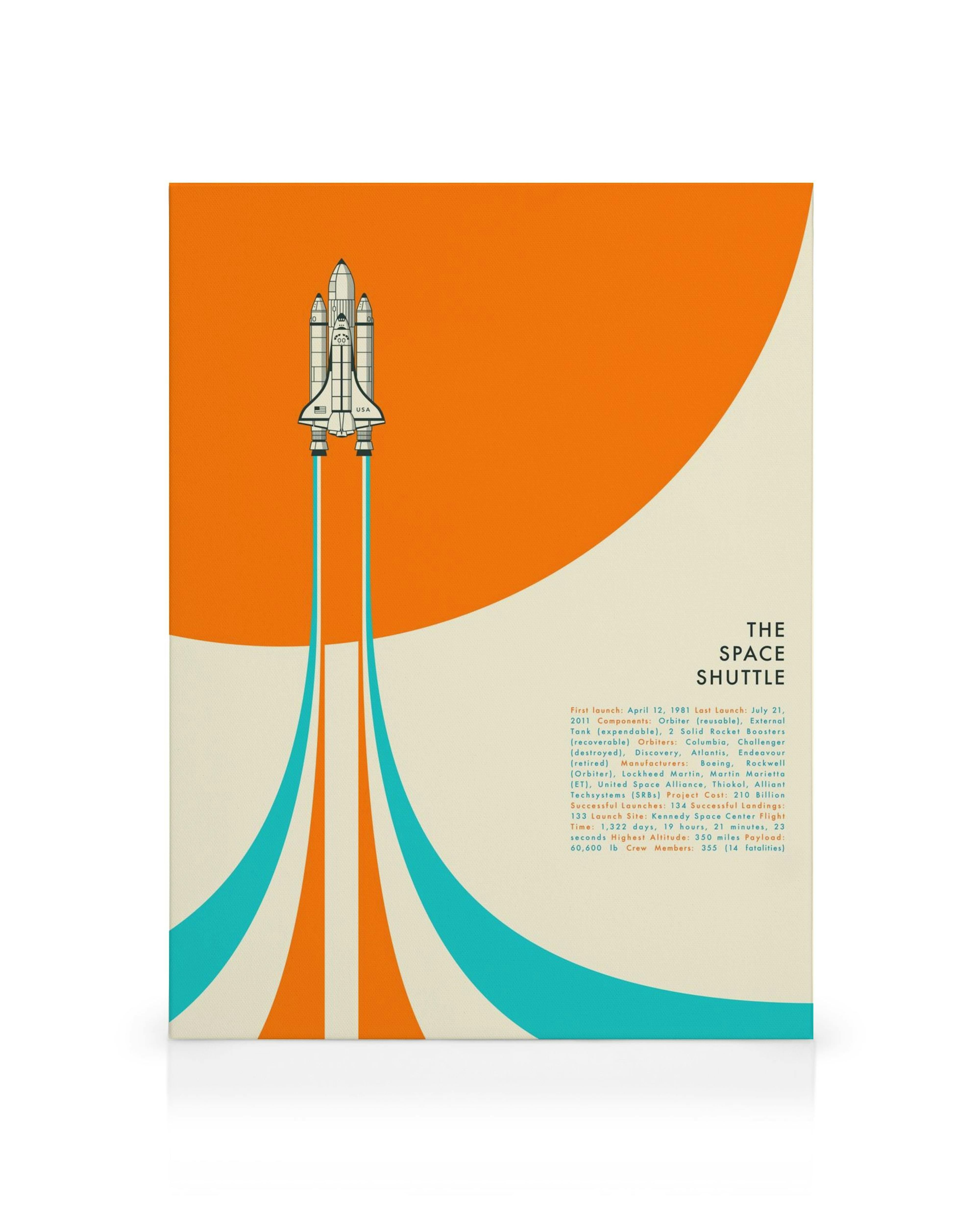 Lienzo con transbordador espacial blanco y llamas azules sobre fondo naranja y crema, ideal para guardería.