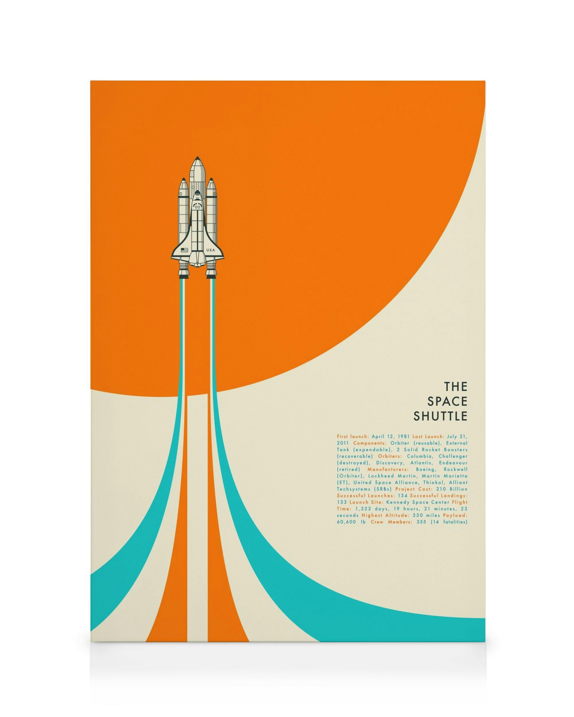 Fargerikt lerret med romferge og oransje og blå striper mot oransje og hvit bakgrunn. Moderne design.