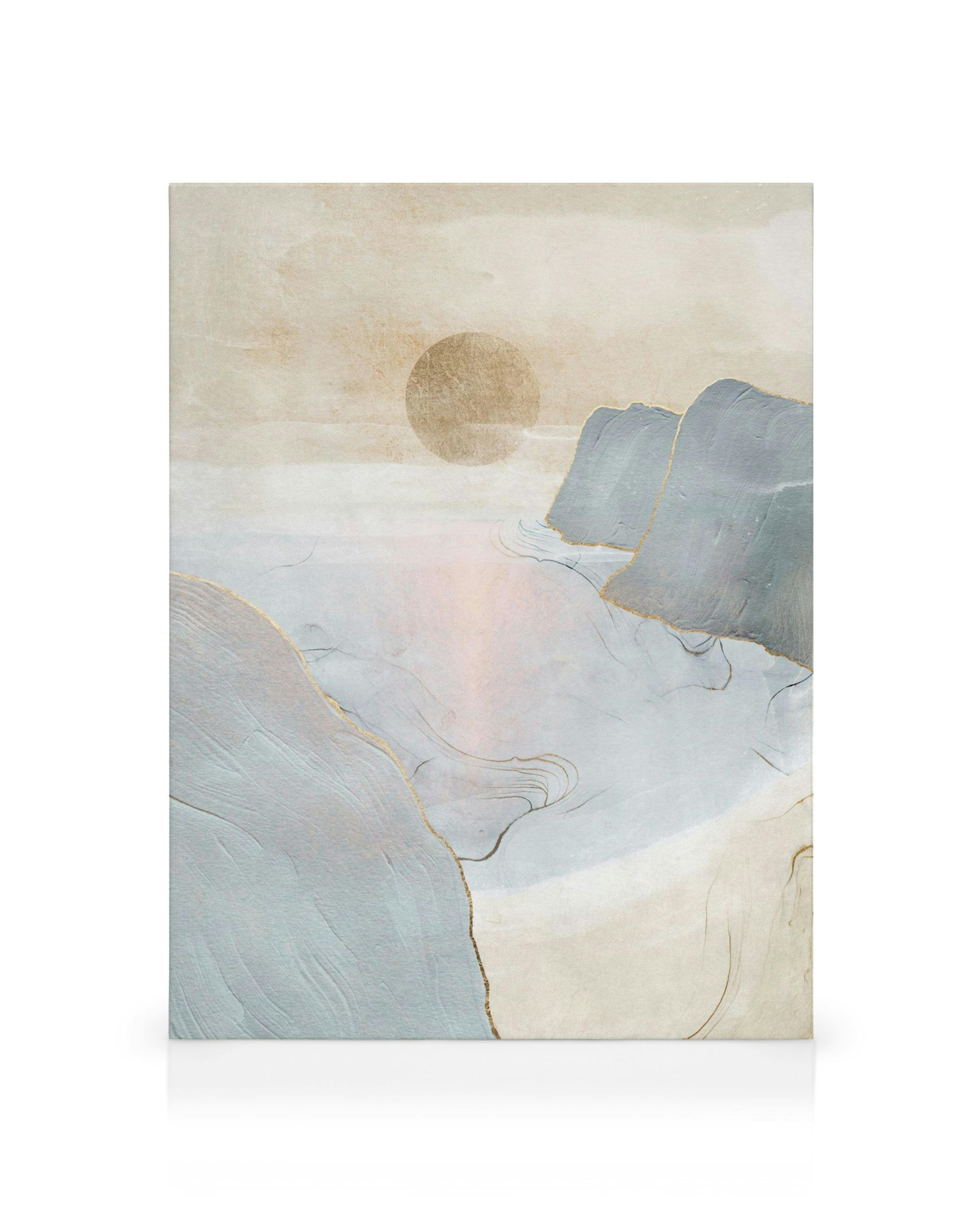 Toile abstraite tons beiges et bleus, cercle marron soleil et lueurs roses. Abstrait soleil.