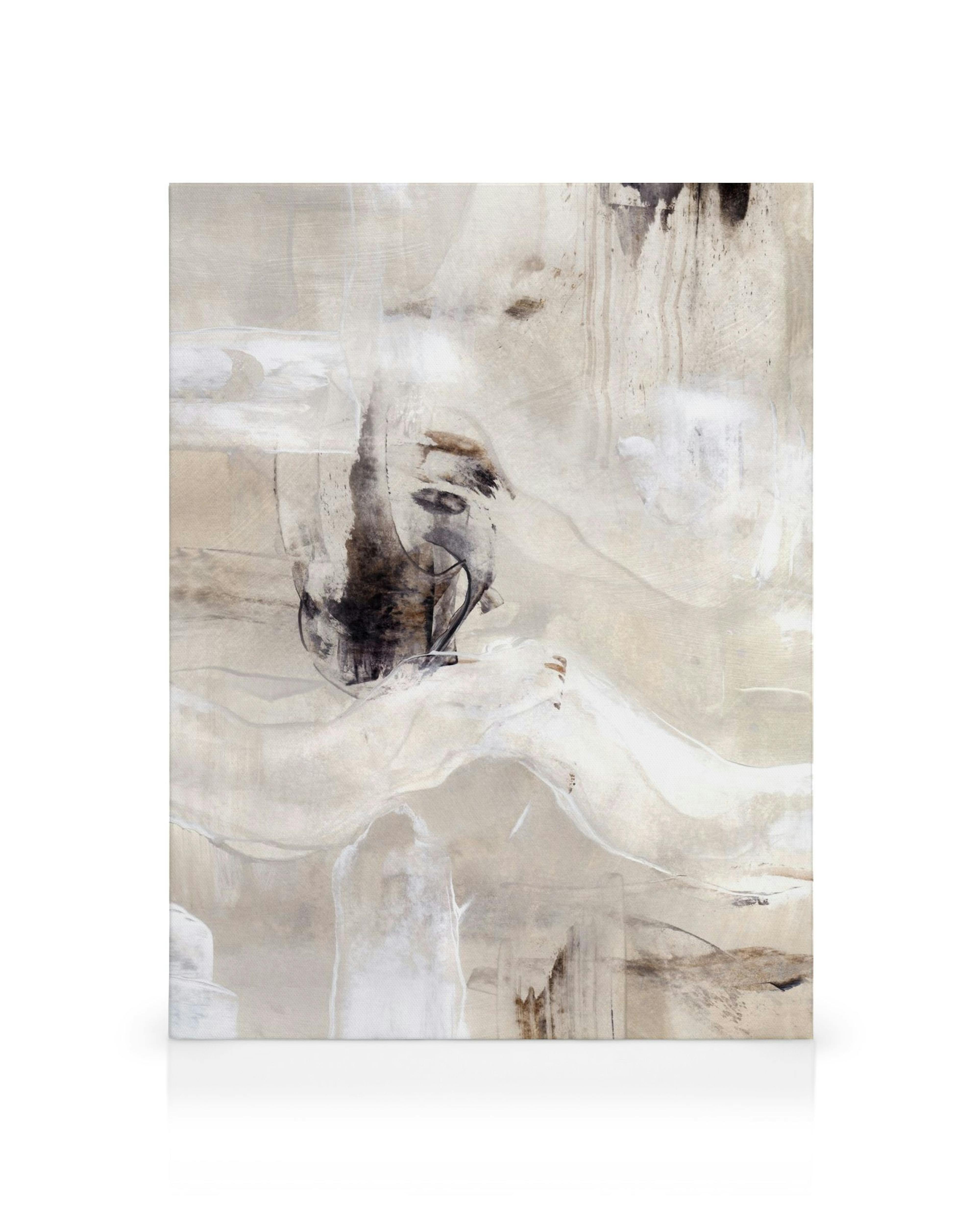 Toile abstraite beige, brune et blanche avec des coups de pinceau et une tache dencre noire au centre