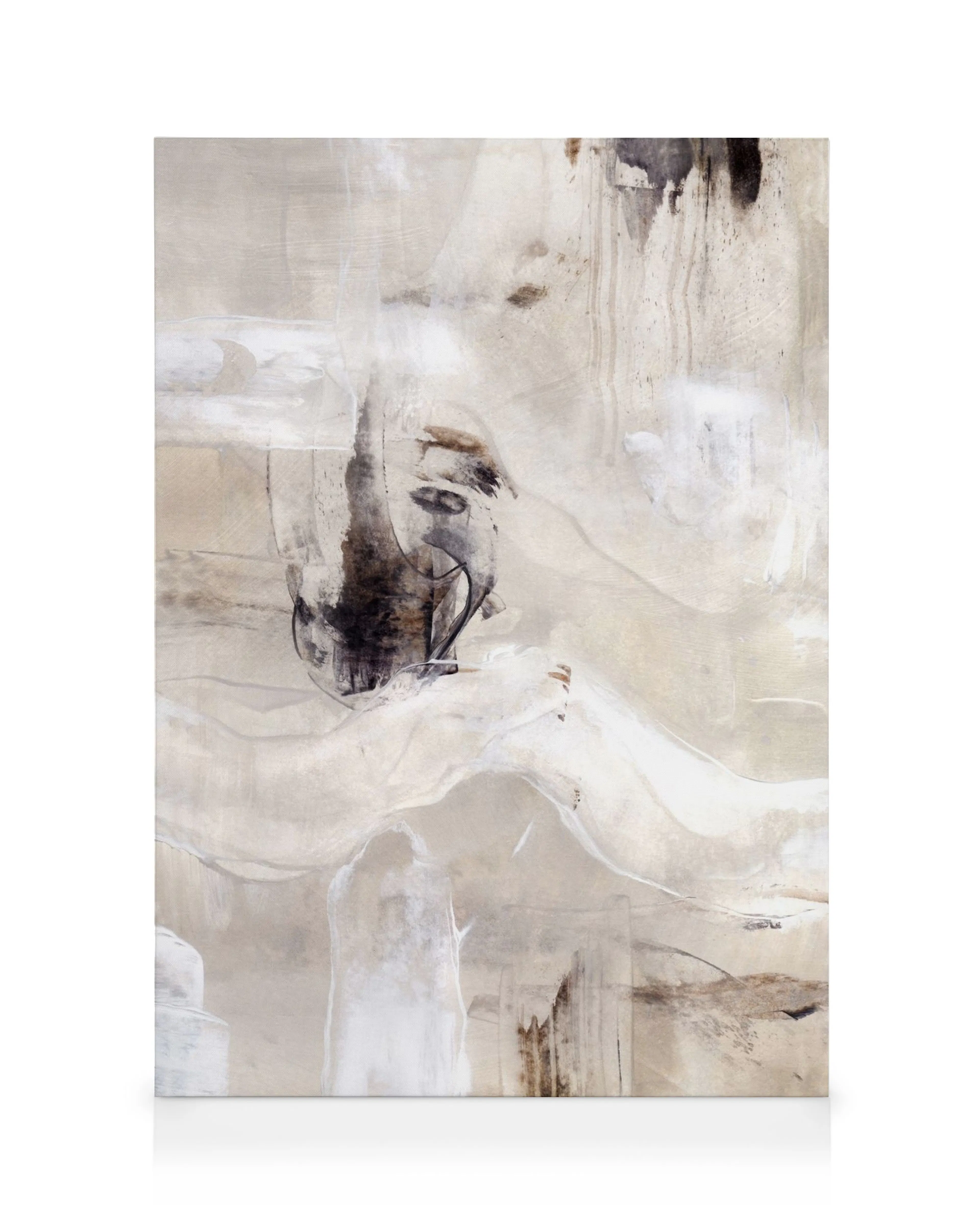 Abstract canvas print with beige, white, brown brush strokes, and a black ink blot; textured wall art canvas print.