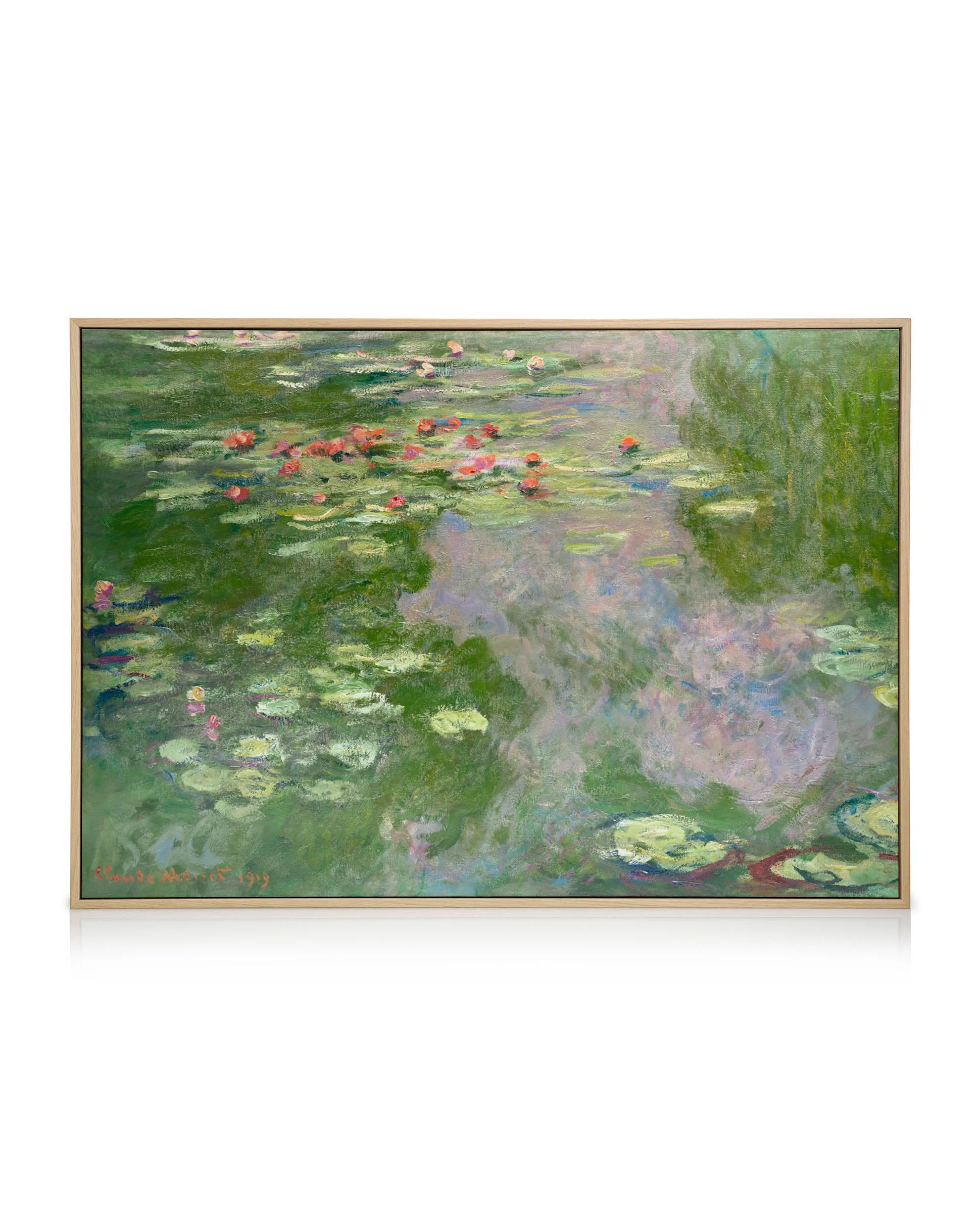 Monets Water Lily Pond impressionist canvas print, featuring pink water lilies and green lily pads on a calm pond surface.