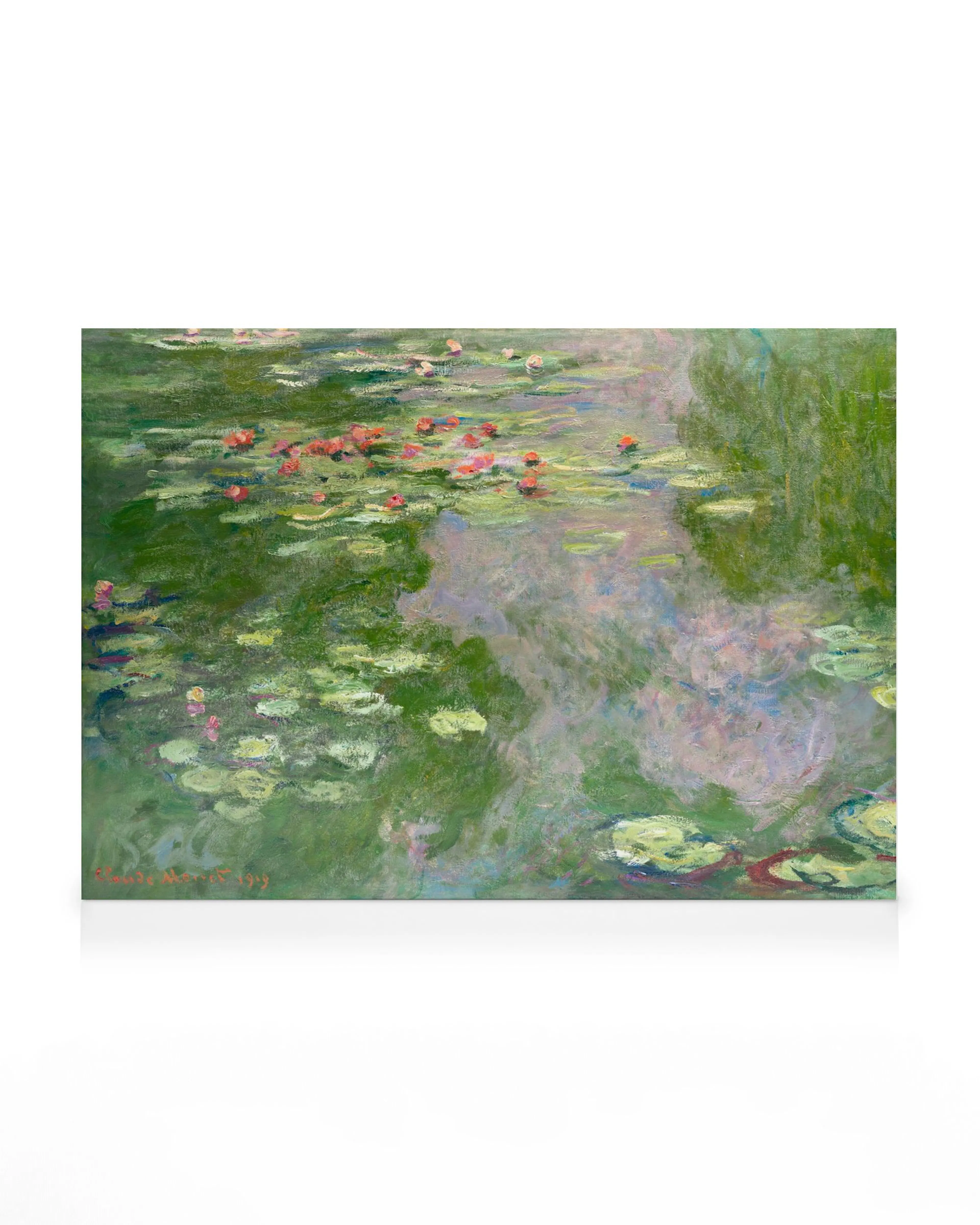 Stampa su tela dello stagno delle ninfee di Monet, opera darte impressionista con fiori rosa e foglie verdi galleggianti.