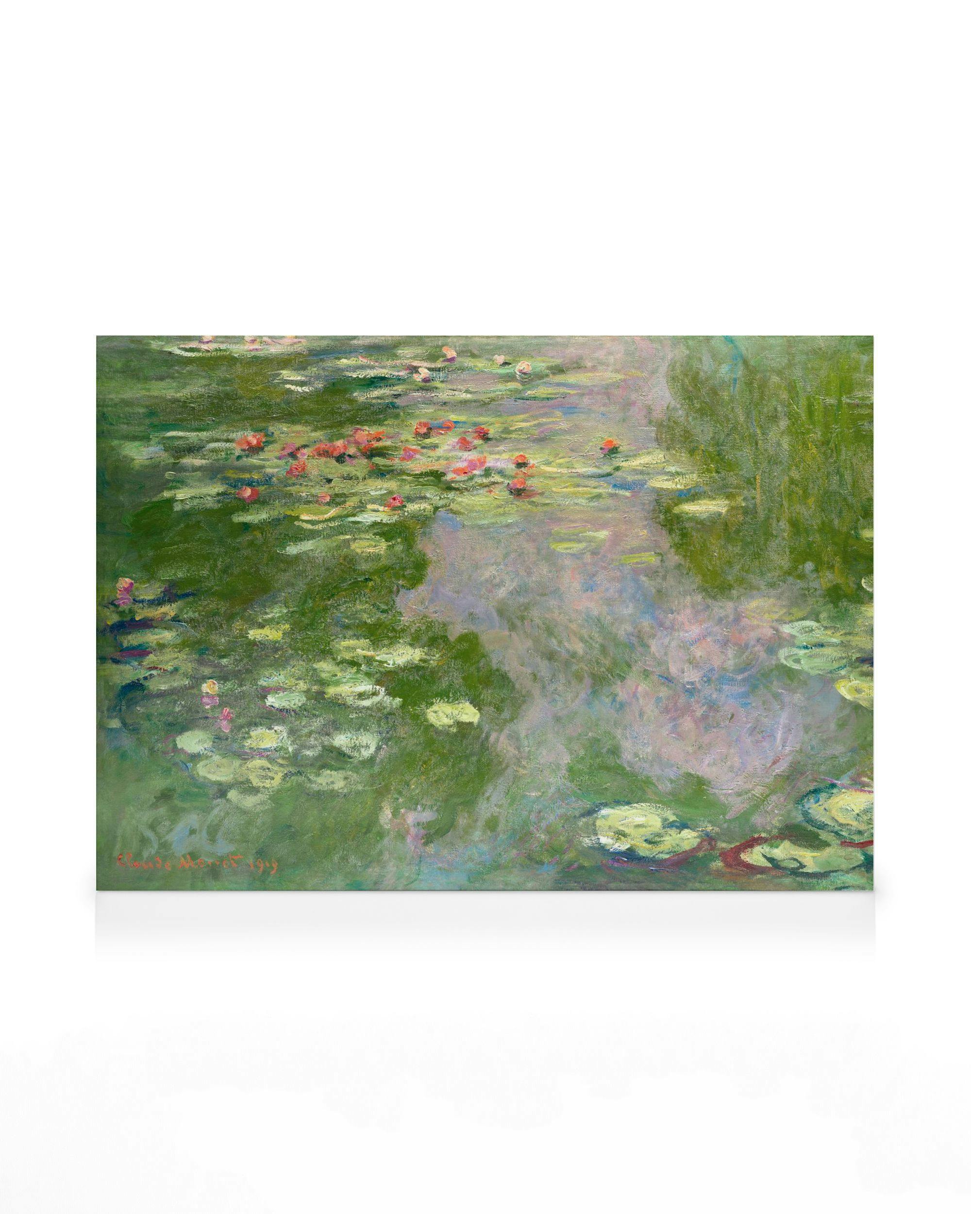 Monet Seerosen Teich Leinwandbild, impressionistische Darstellung des Teiches mit grünen Blättern und rosa Seerosen.
