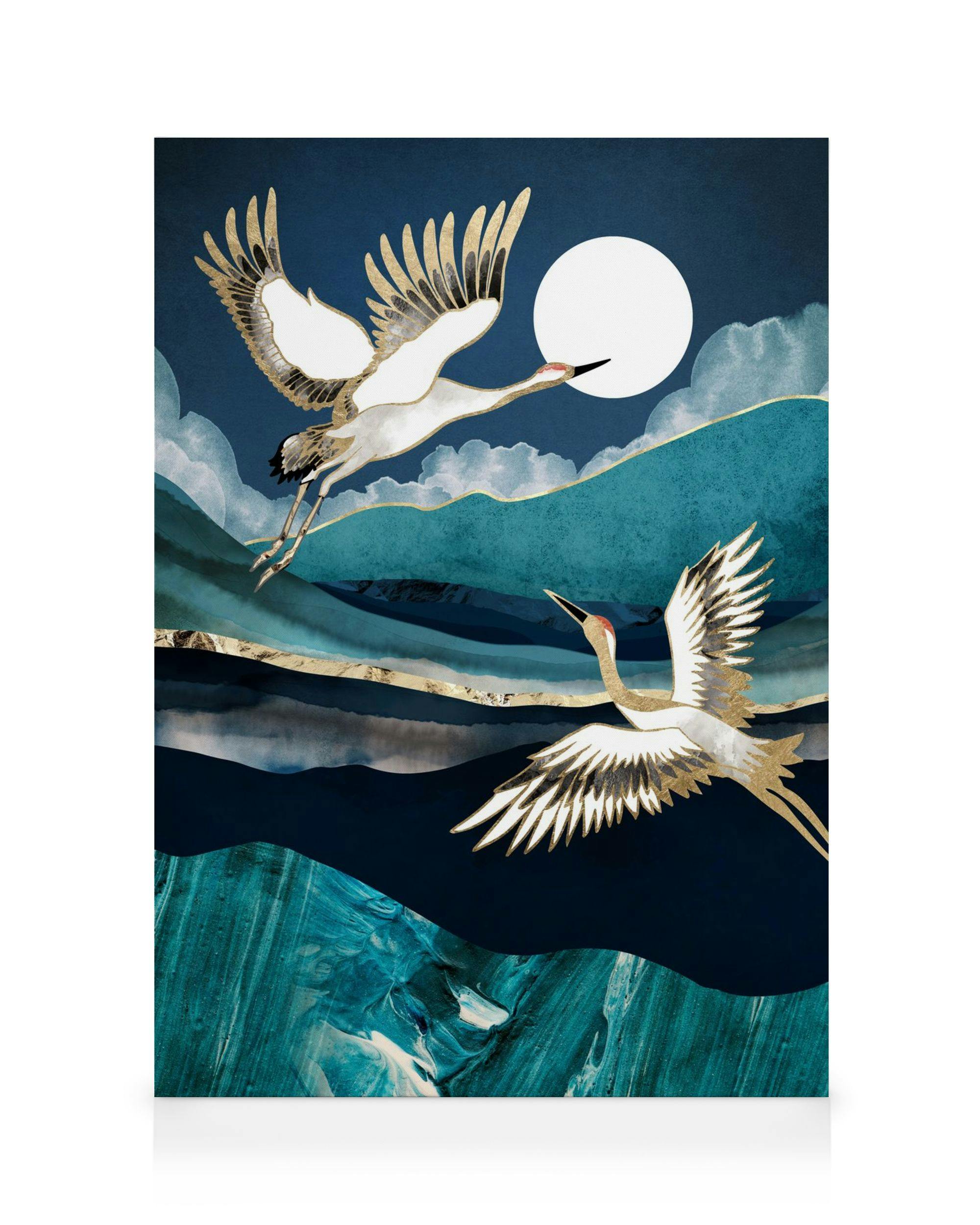 Stylised Midnight Cranes Canvas Print: Two white cranes with golden wings fly over a blue landscape under a full moon.
