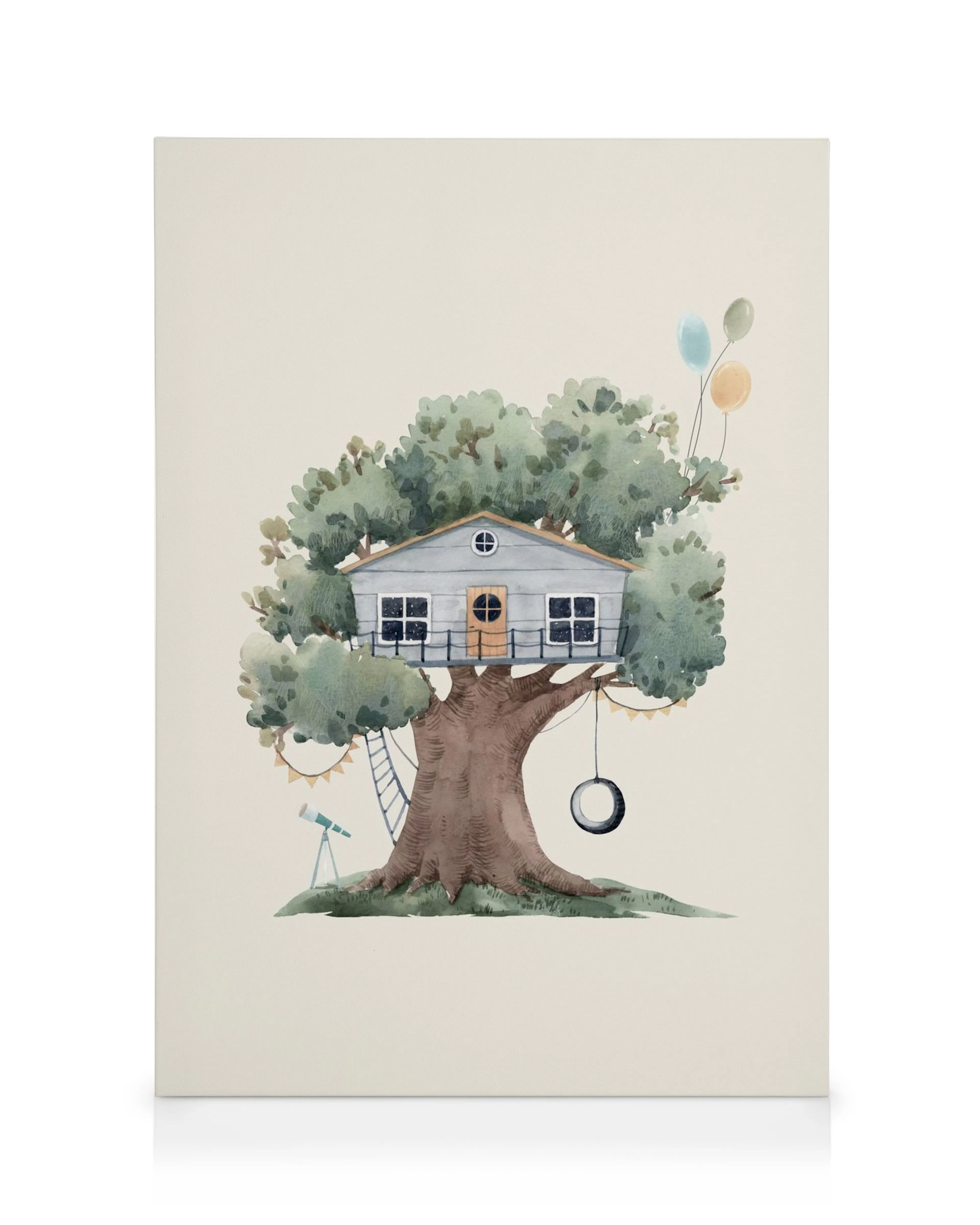 Canvas met groene boom, grijs boomhuis, ladder, schommel en kleurrijke ballonnen op beige achtergrond.