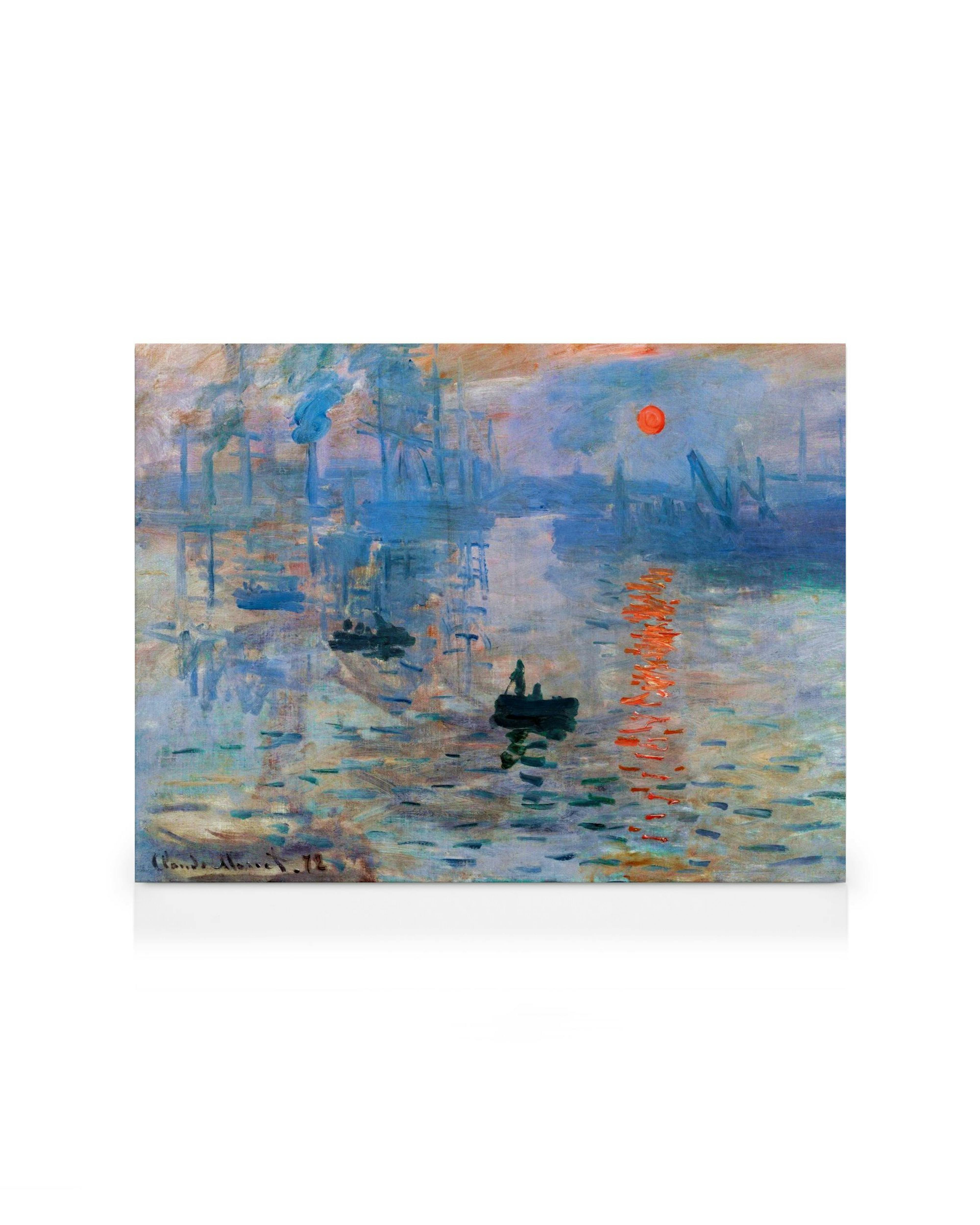 Monet Impression, Sunrise lærred. Havre havn ved solopgang med orange sol, både og skibe i blå nuancer.