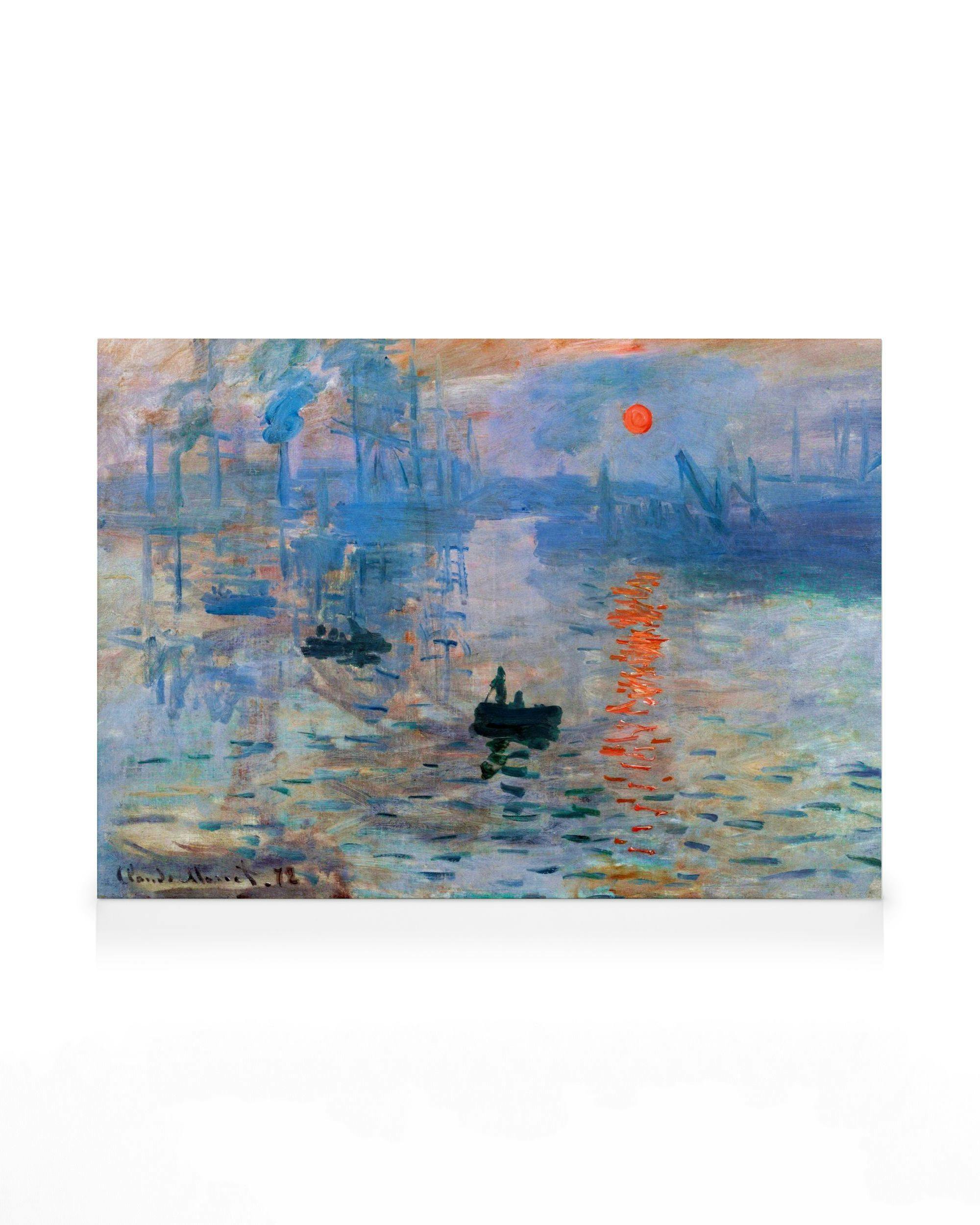 Monets Impression, Sonnenaufgang, ein Leinwandbild mit leuchtendem Sonnenlicht, das sich auf dem Wasser spiegelt, und einem Boot
