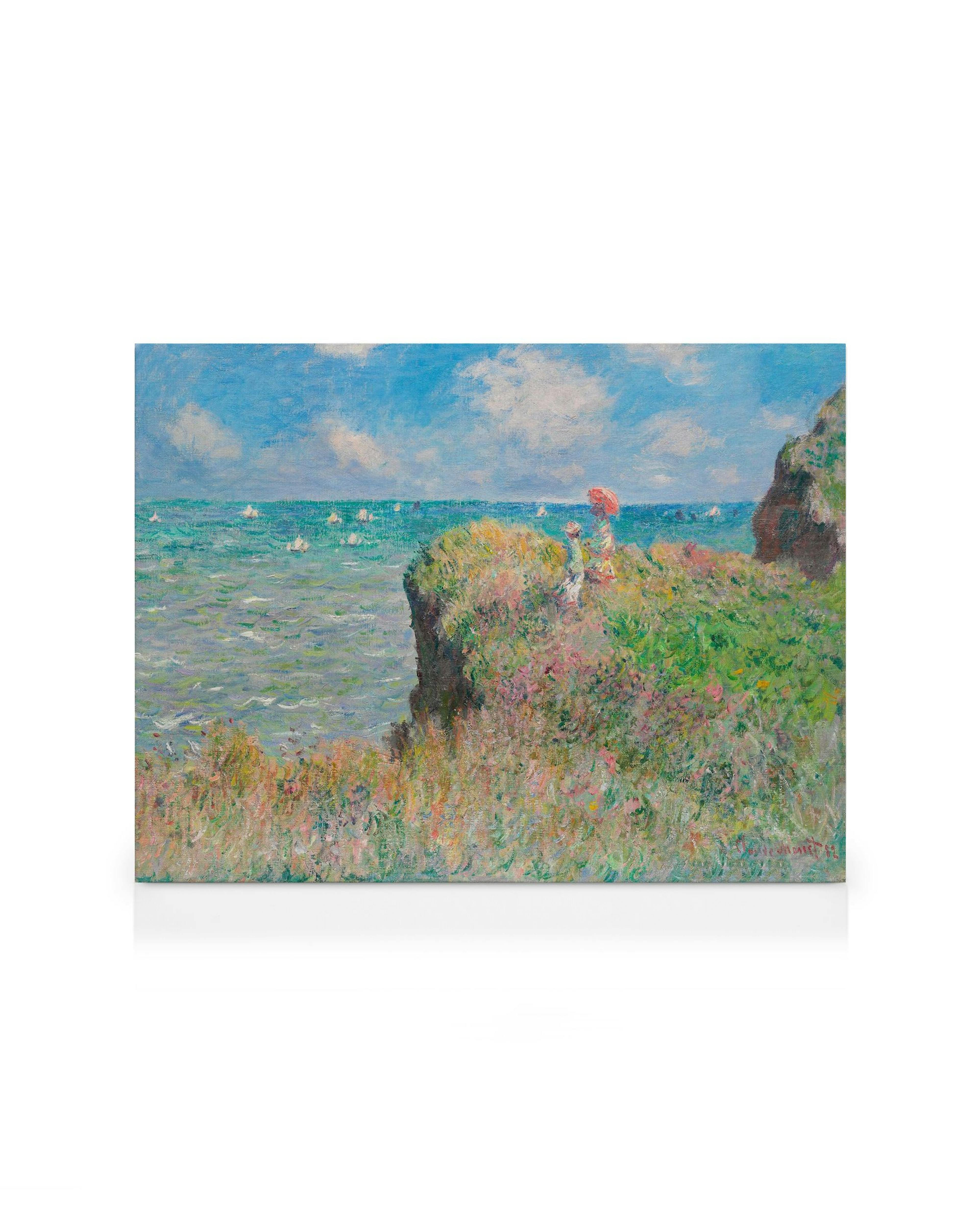 Monet Cliff Walk at Pourville canvas print, sea landscape with blue water, green cliffs, and boats on waves.