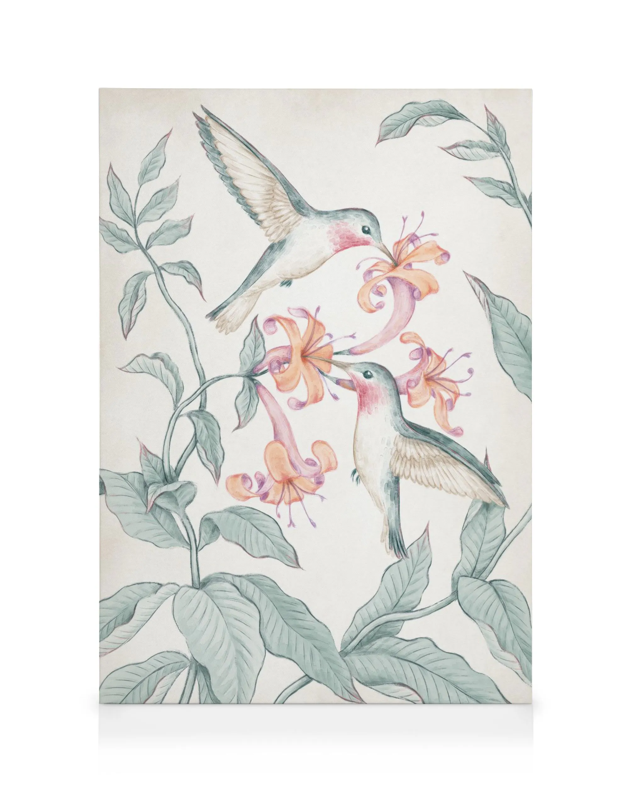 Two watercolor hummingbirds with pale orange and purple bell flowers and green leaves on a white background, botanical art.