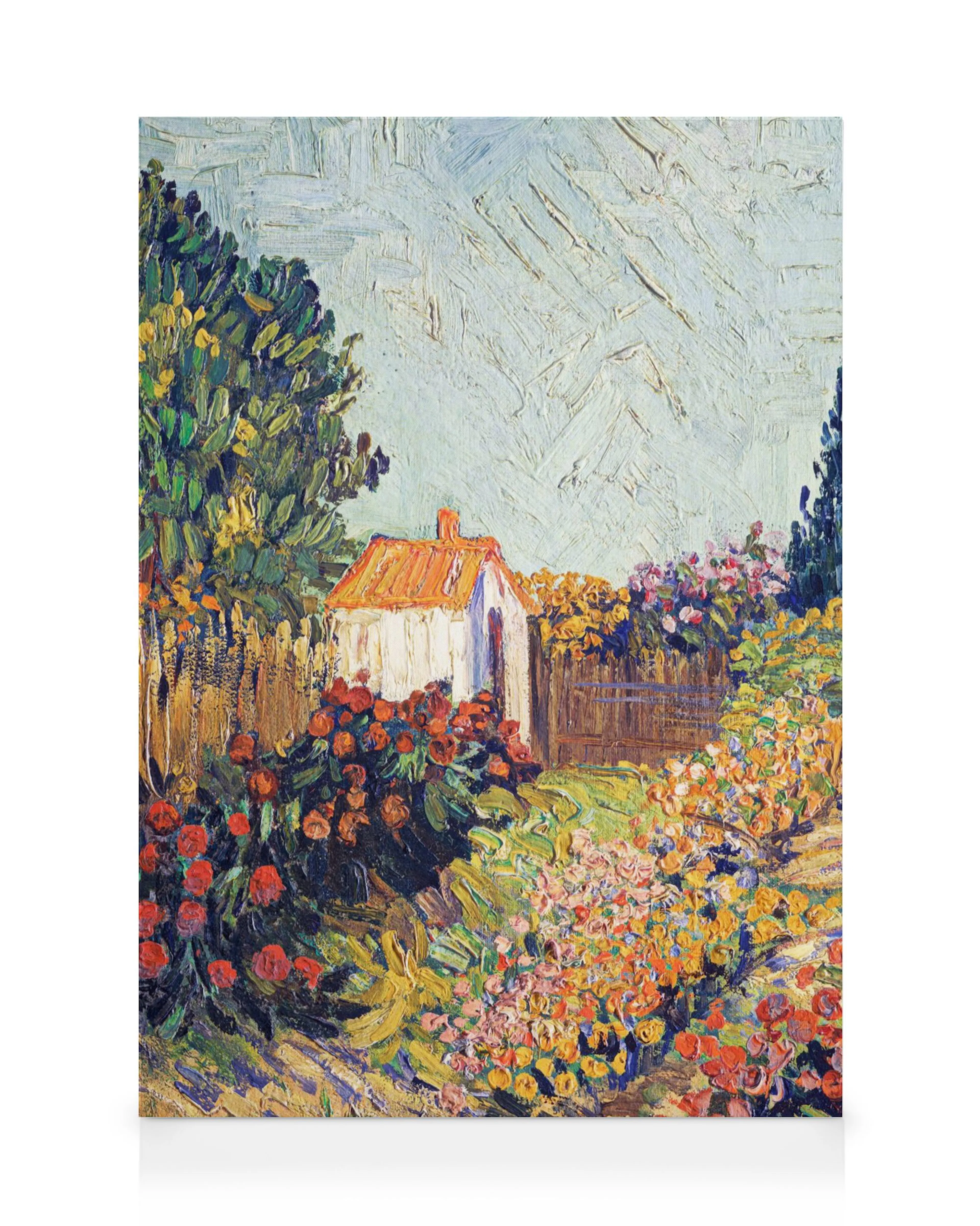 Van Goghs Garden at Arles oil painting, vibrant landscape with shed and colorful flowers, post-impressionist style.