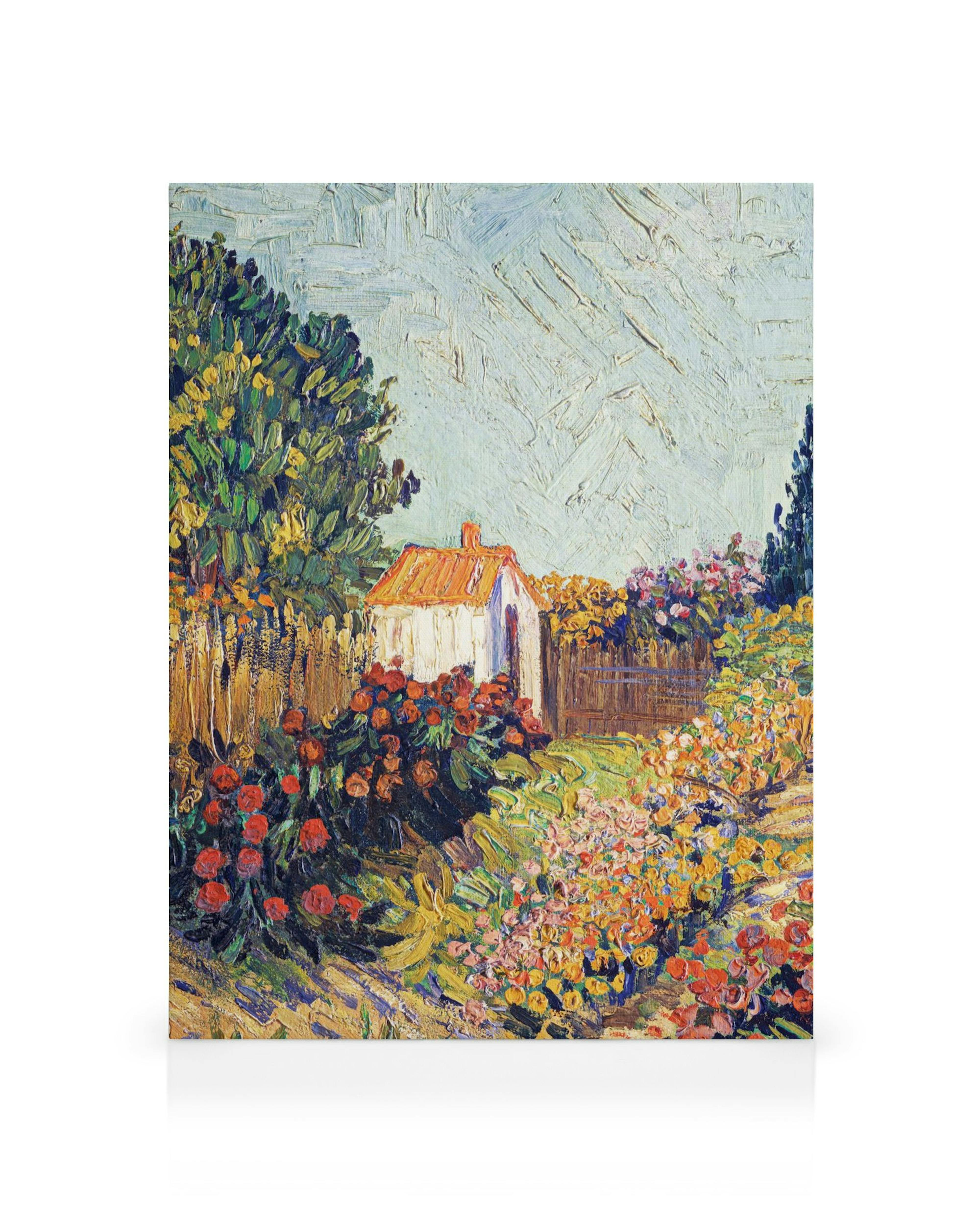 Van Gogh landscape canvas print of a white house with a red roof, surrounded by colorful flowers and a green garden.