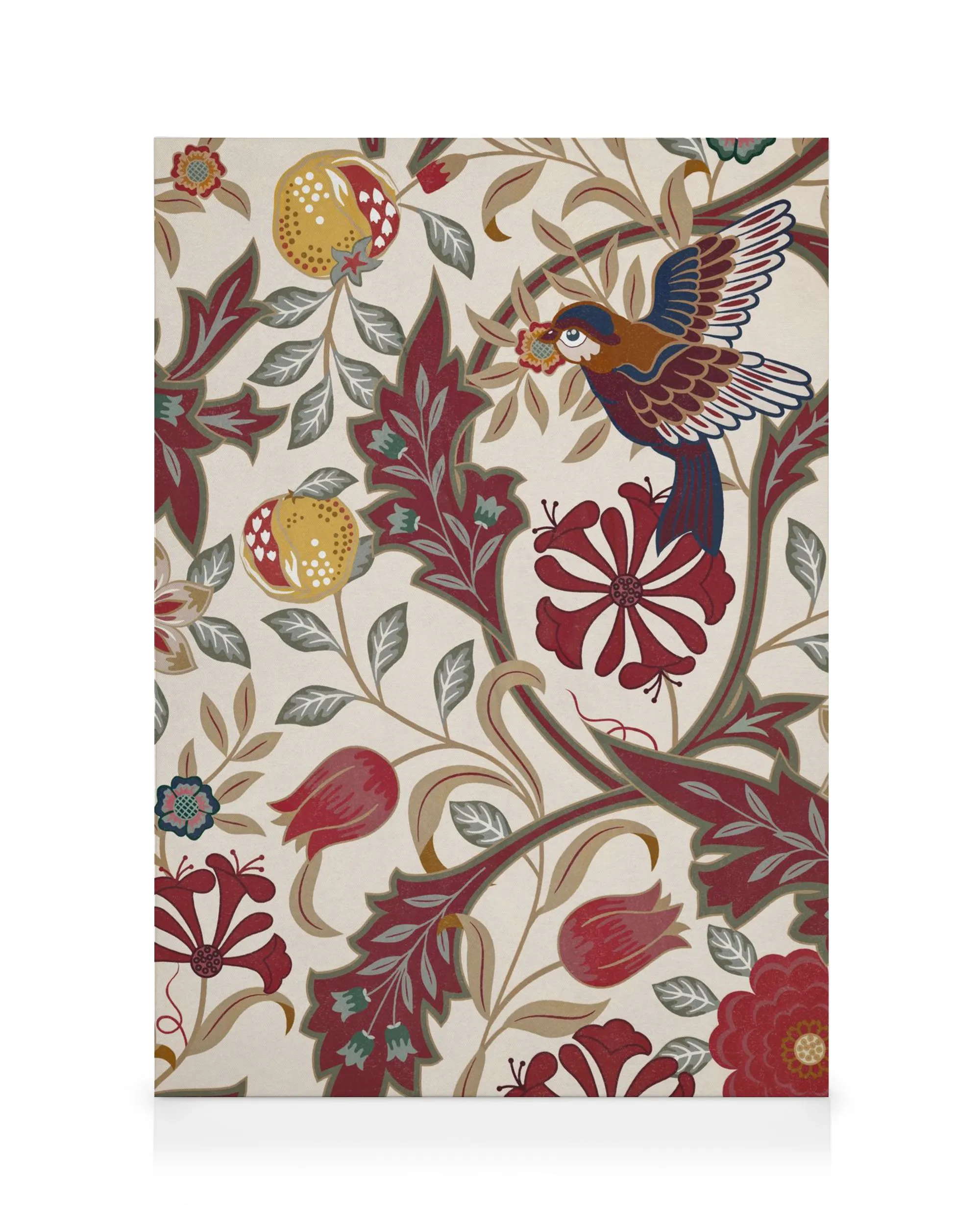 Pássaro colorido voando entre flores e folhas vermelhas, marrons e verdes em um fundo bege, arte de parede decorativa.