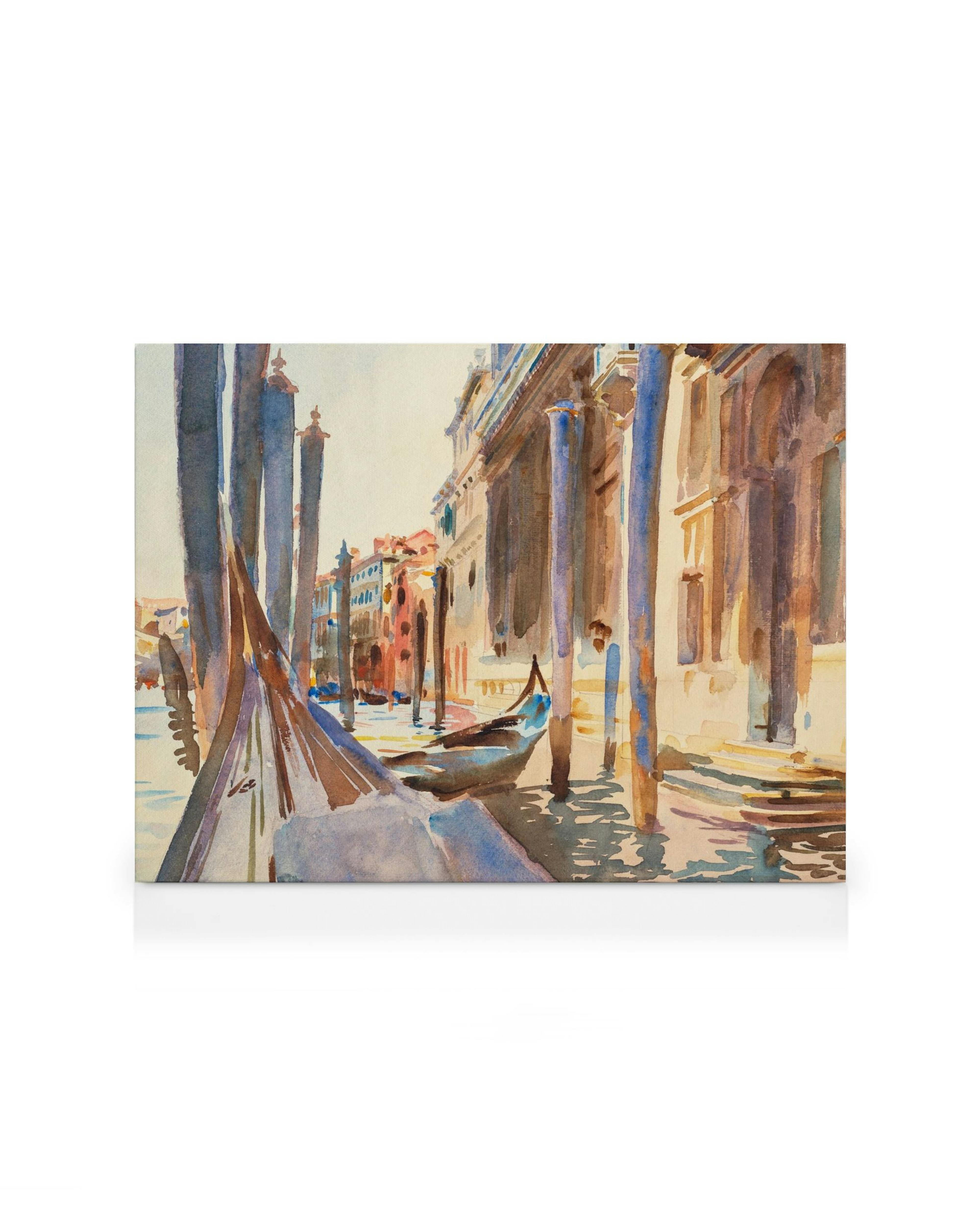 Acuarela de John Singer Sargent: amarres de góndola en Gran Canal, Venecia, con edificios clásicos y reflejos en el agua.