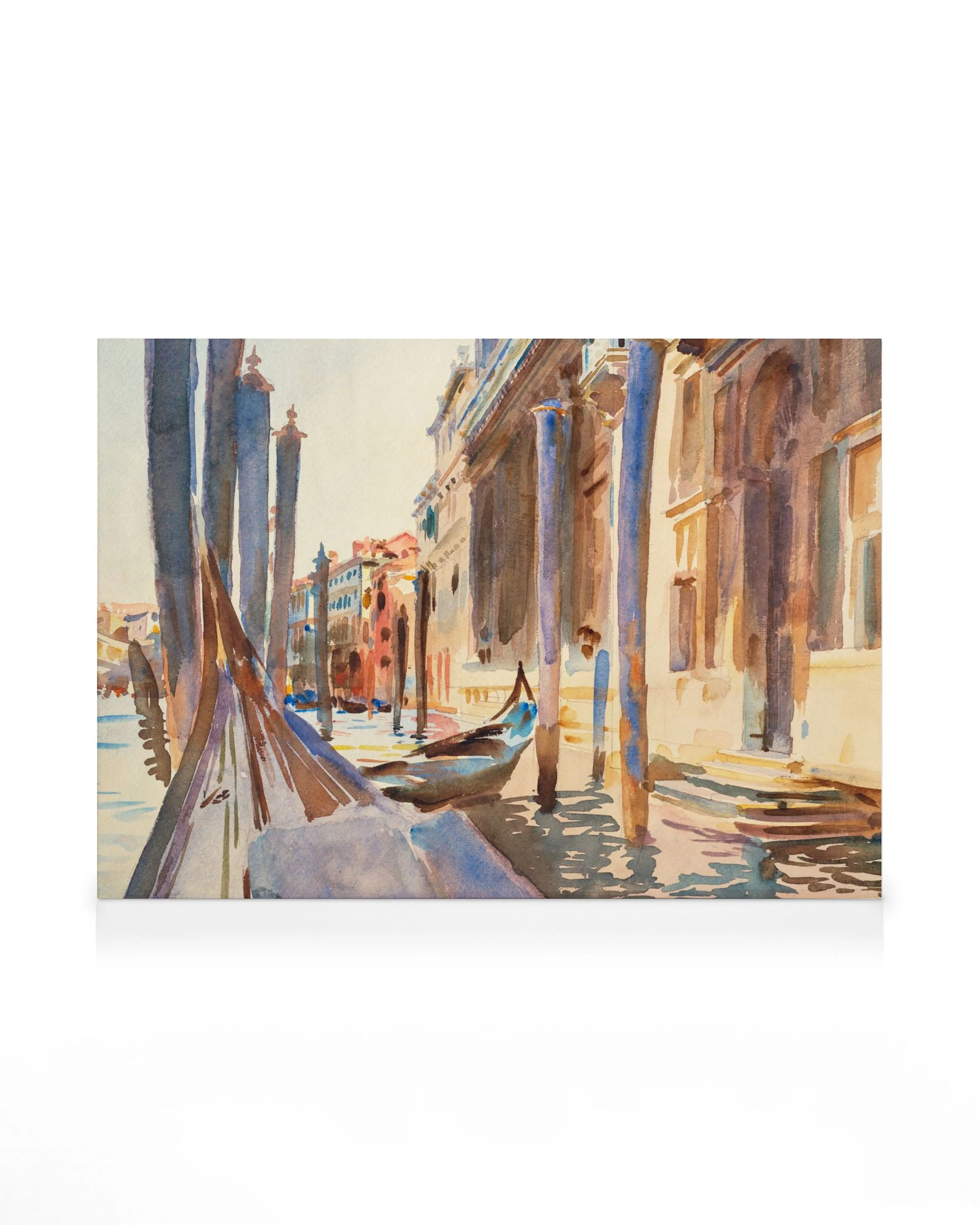 Pittura ad acquerello di John Singer Sargent: gondole ormeggiate in un canale veneziano, riflessi dacqua, toni blu/marrone.