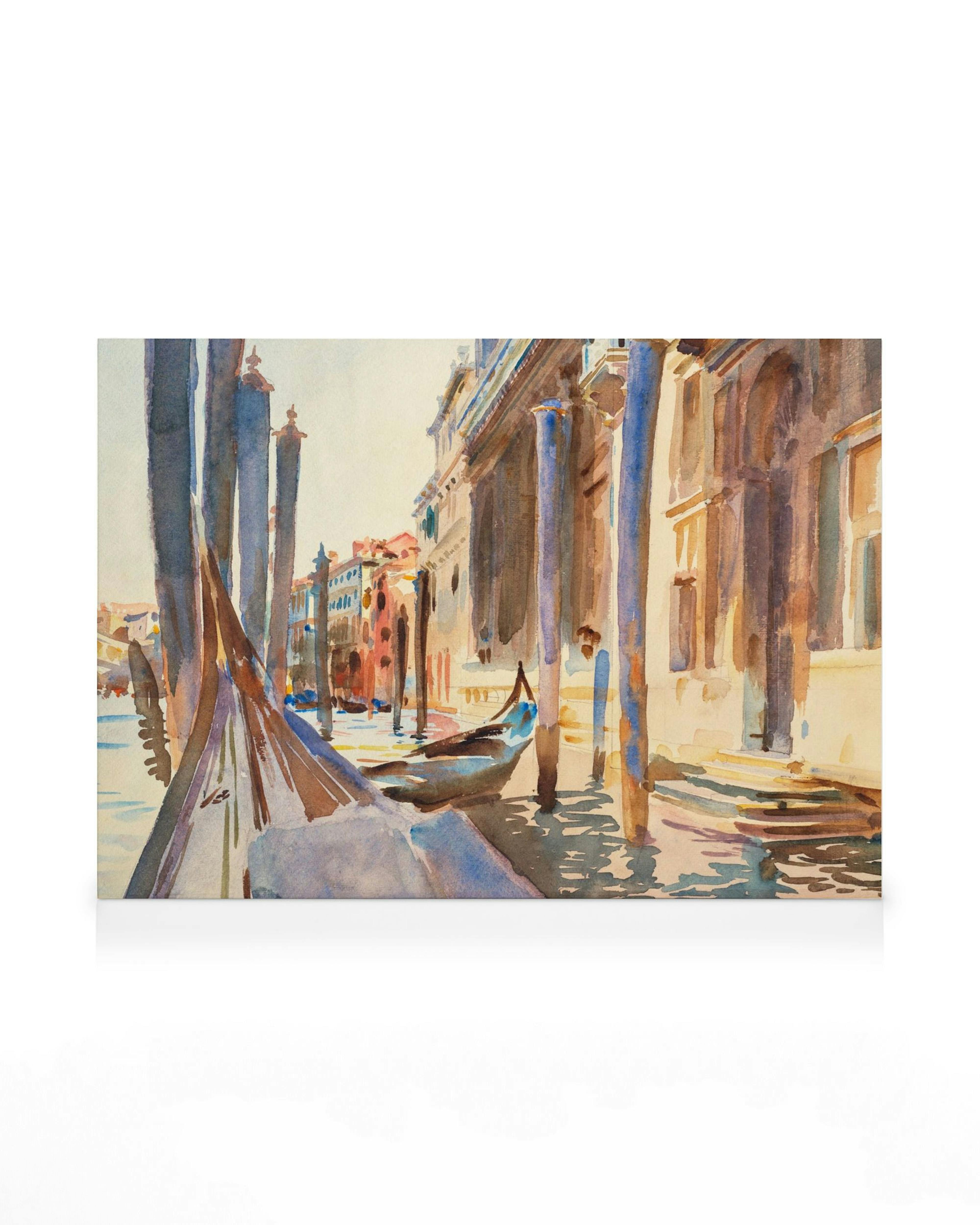 Aquarell von John Singer Sargent: Gondel am Kai im Grand Canal in Venedig, mit Gebäuden und Reflexionen im Wasser.