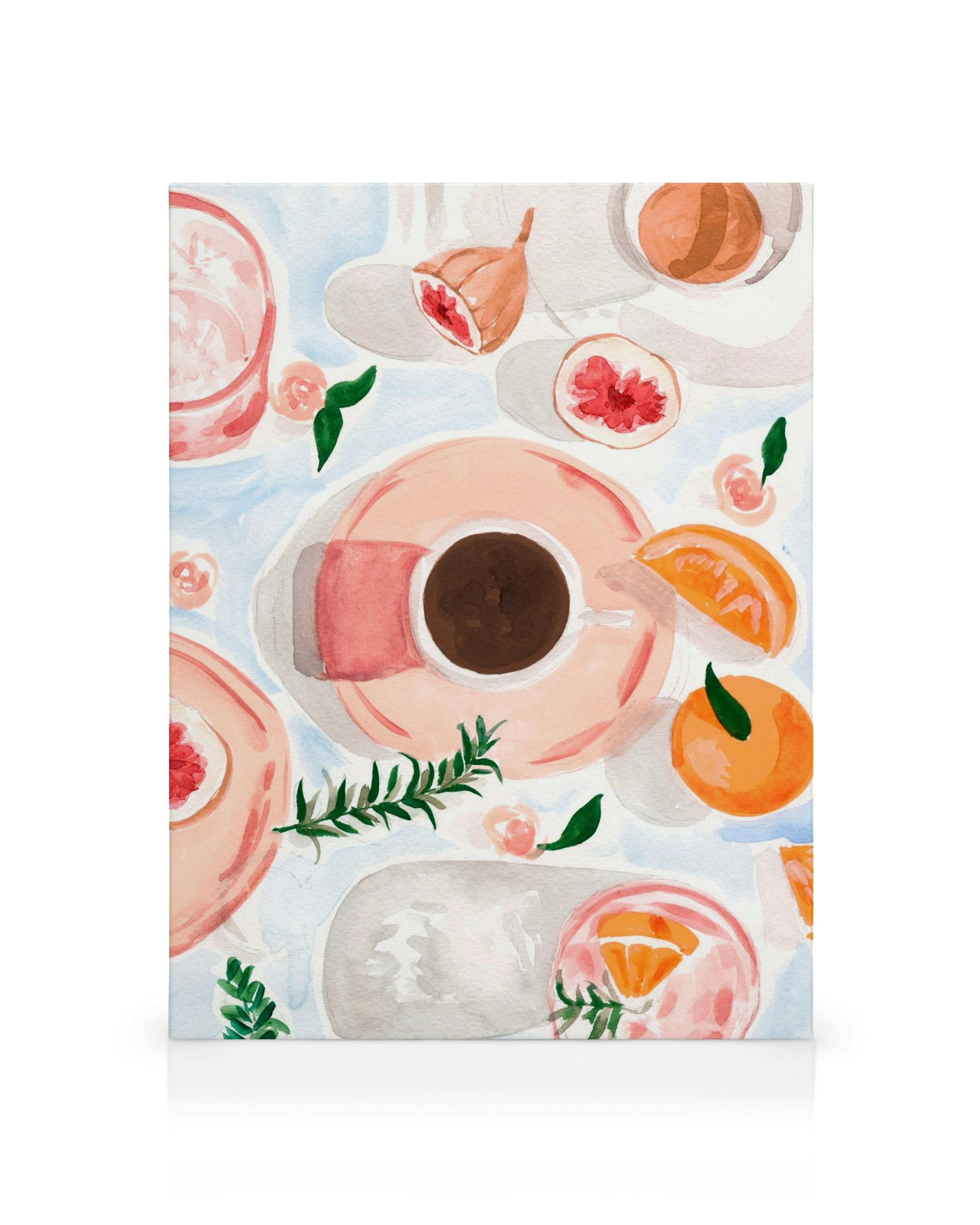 Aquarell-Stillleben mit Kaffeetasse, Orangen, Feigen und Blättern in Orange, Pink, Braun, Grün.