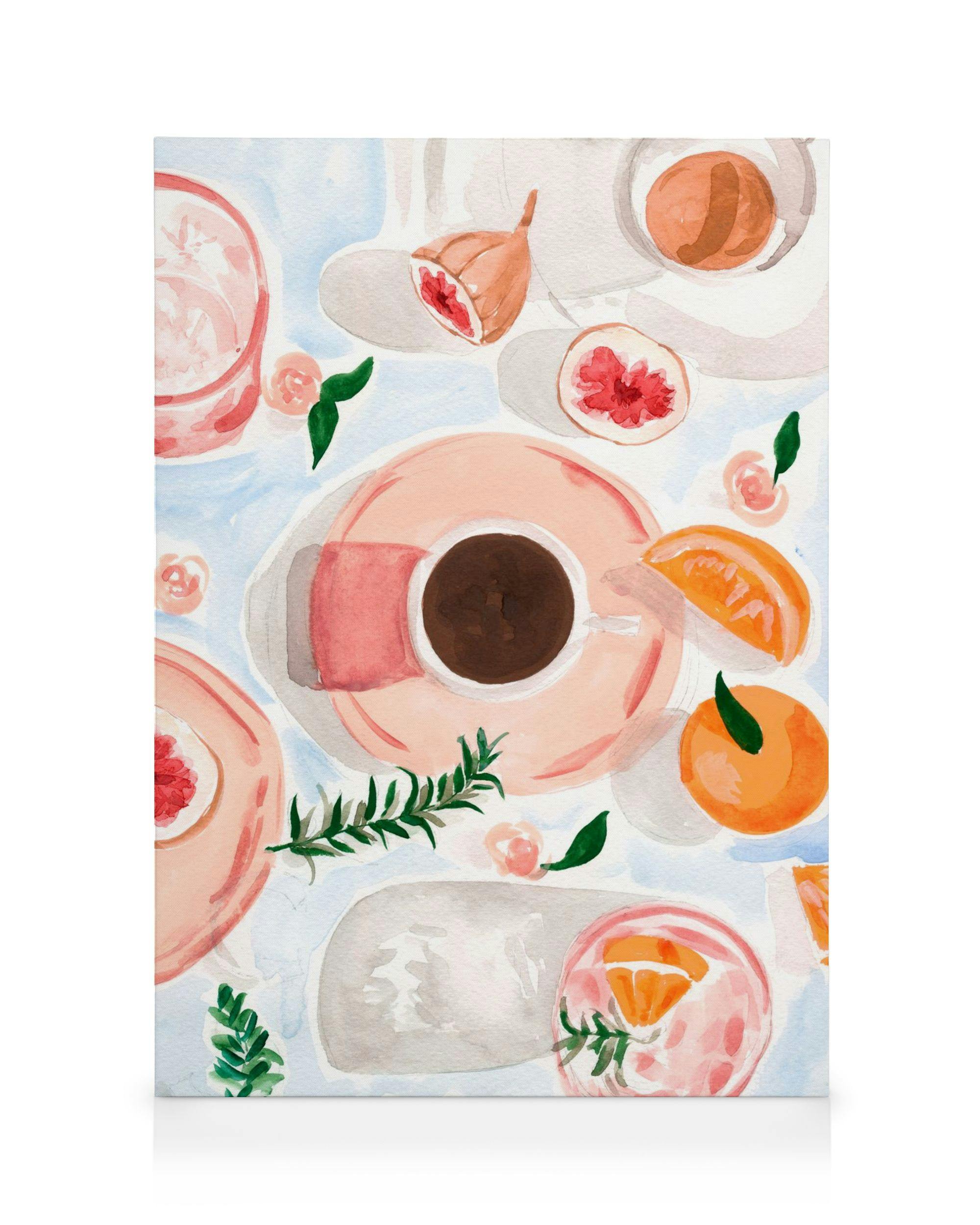 Watercolor canvas print of coffee cup, oranges, figs, and leaves in warm tones for kitchen wall art.