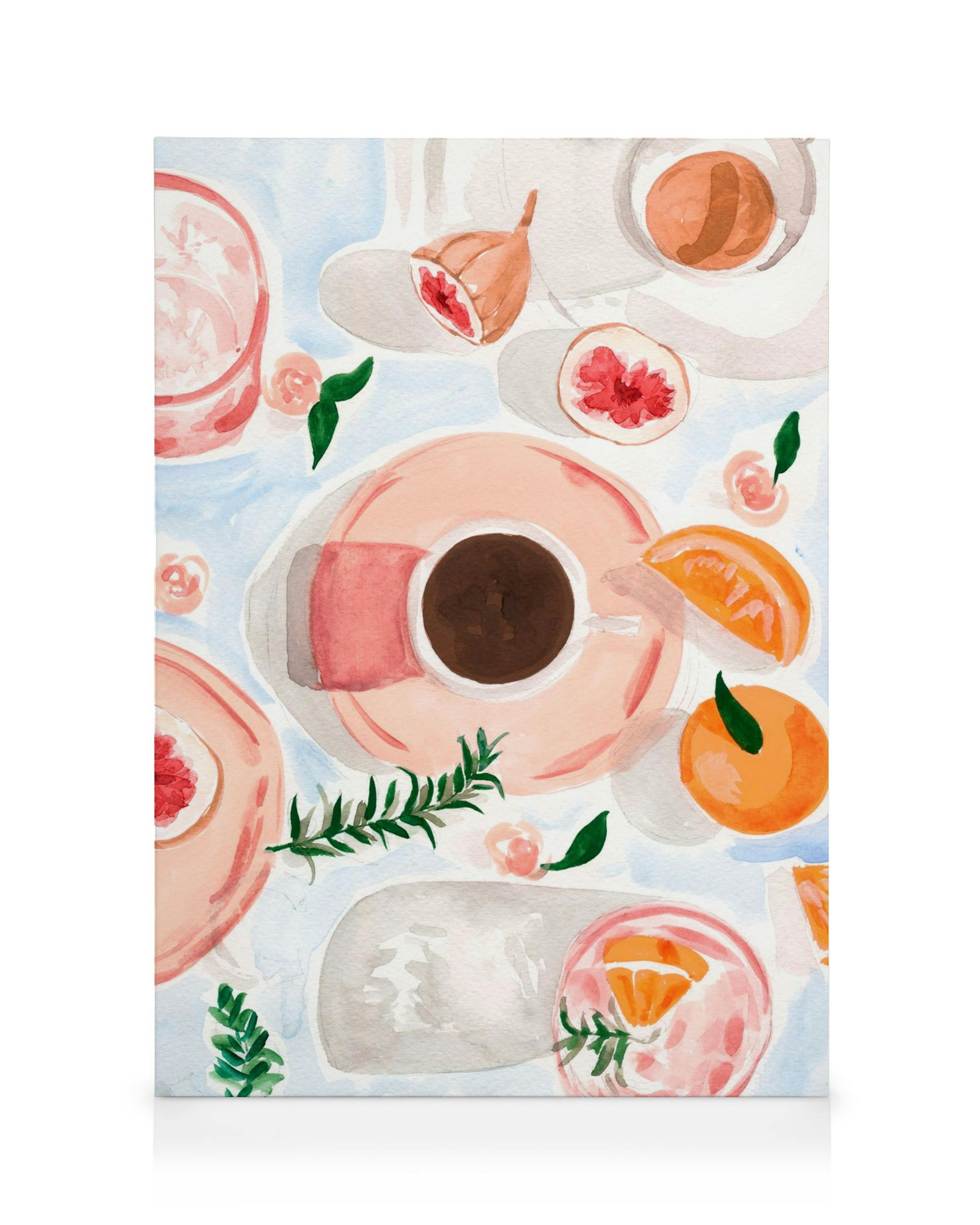 Watercolor canvas print of coffee cup, oranges, figs, and leaves in warm tones for kitchen wall art.