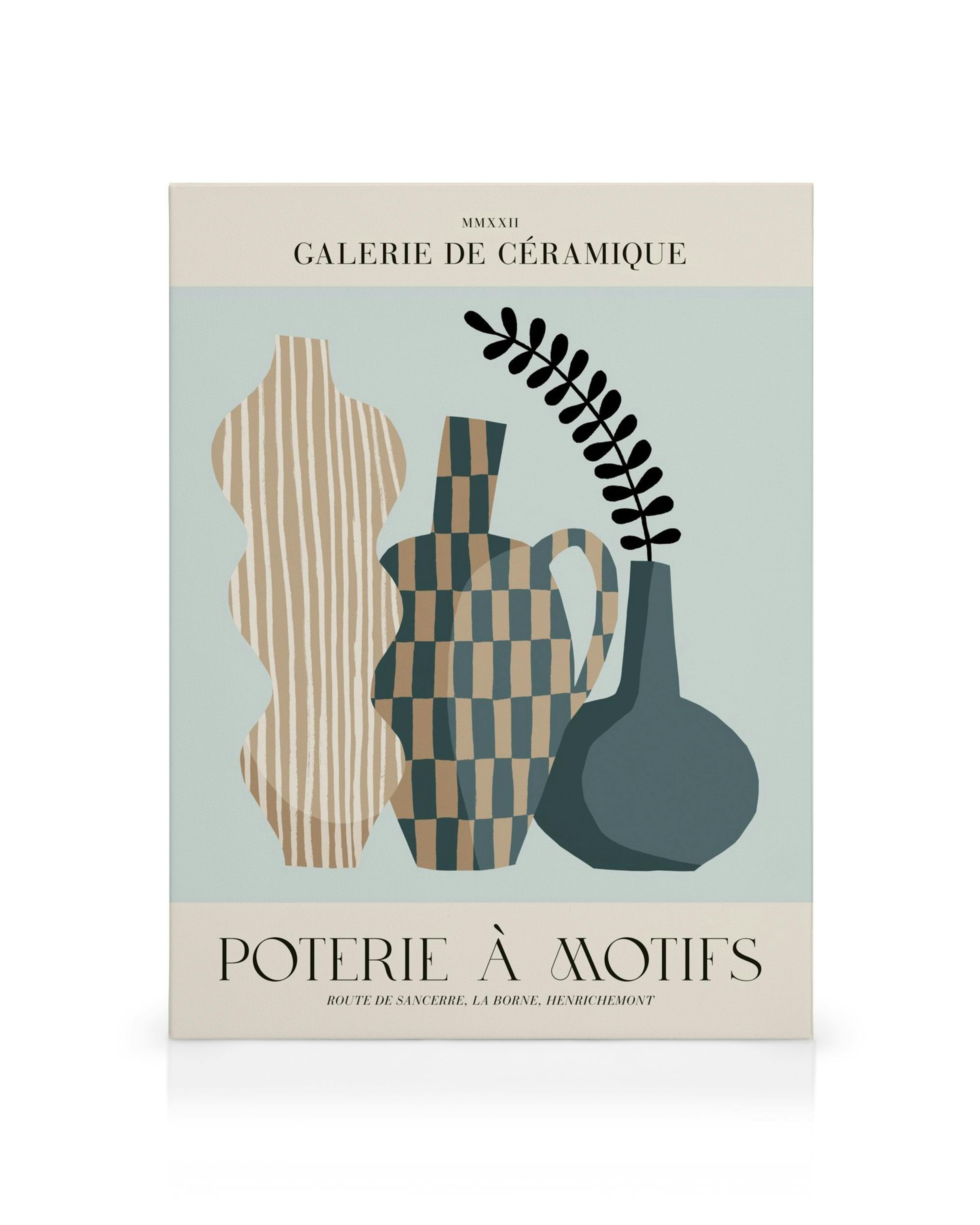 Stylized canvas print with three vases: one striped, one checkerboard, and one with a leafy branch on beige and blue.