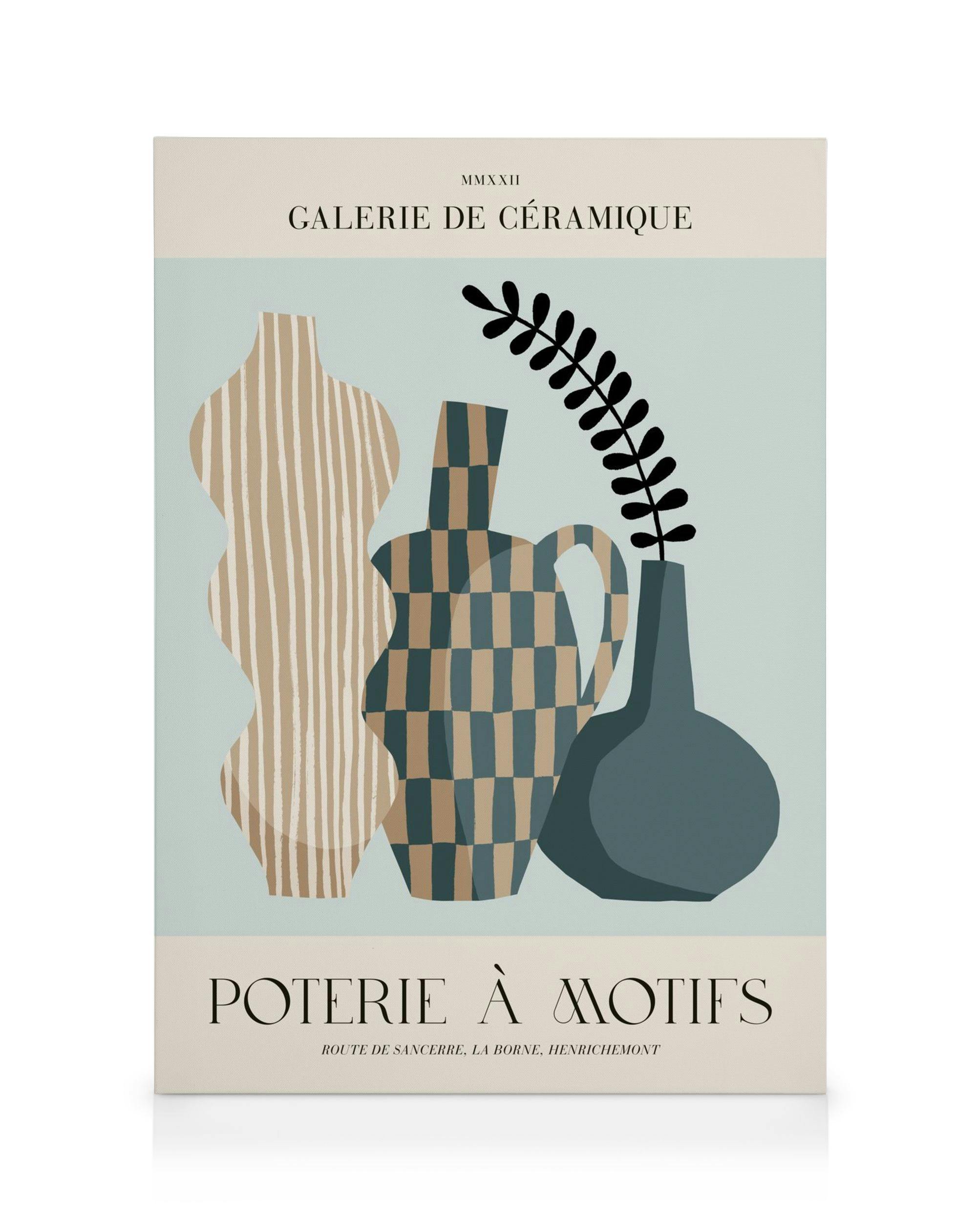 Poterie à Motifs No2 canvas print featuring three decorative vases in blue, beige, and green with a leafy branch.