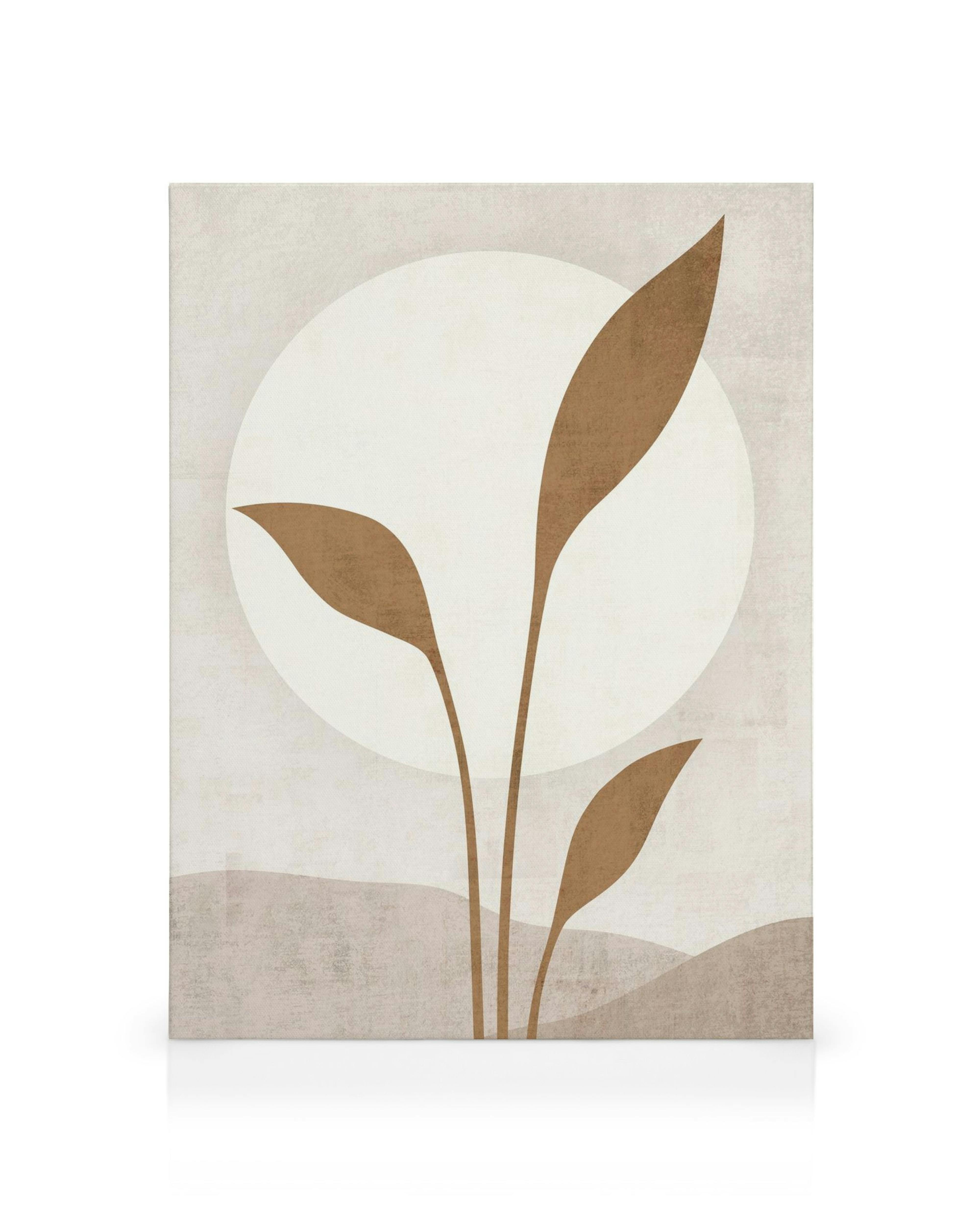 Tela bege com ilustração botânica estilizada, folhas marrons e formas suaves abstratas. Perfeita para decoração de parede.