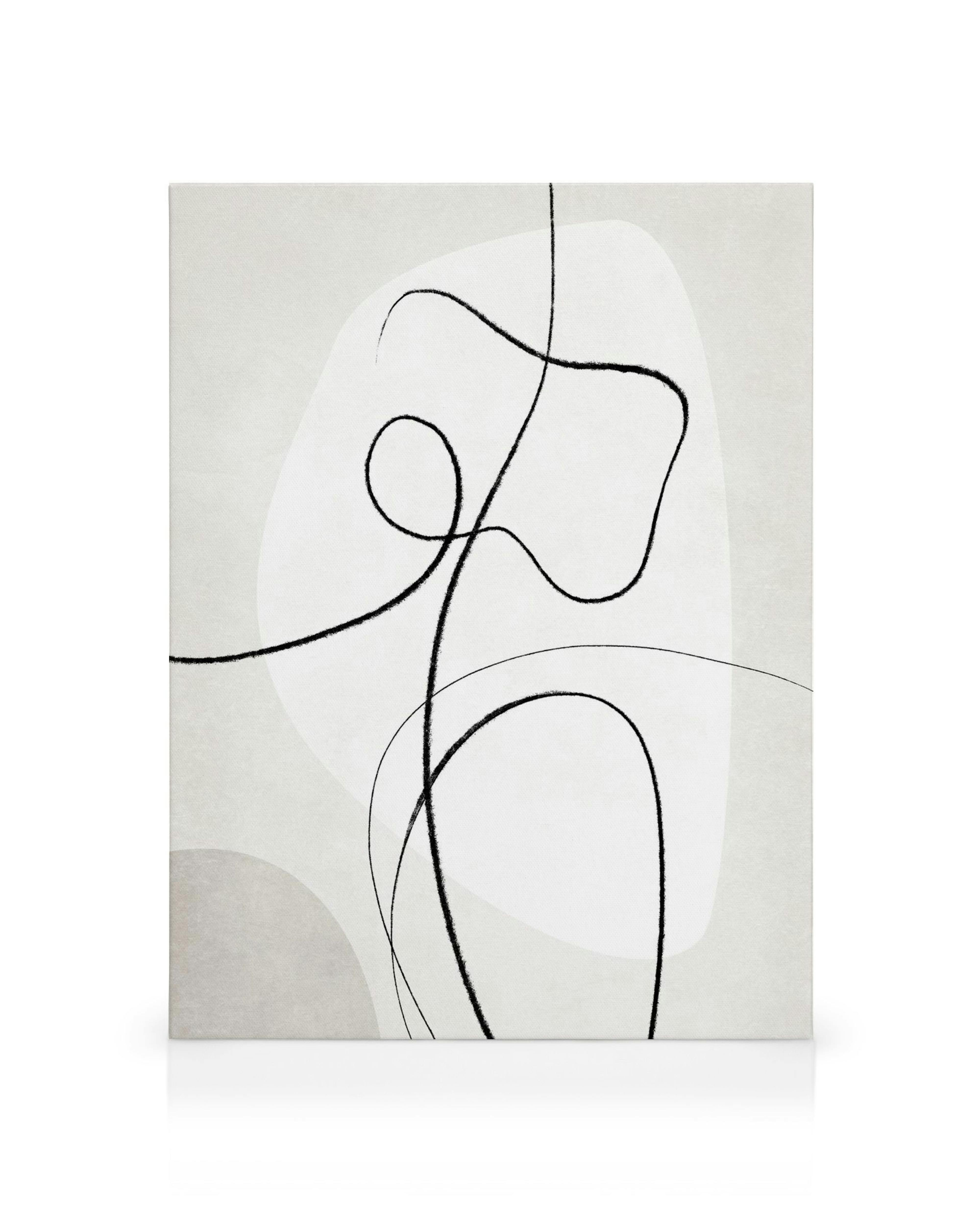 Lienzo con líneas negras curvas y formas grises sobre fondo blanco, arte de pared abstracto.