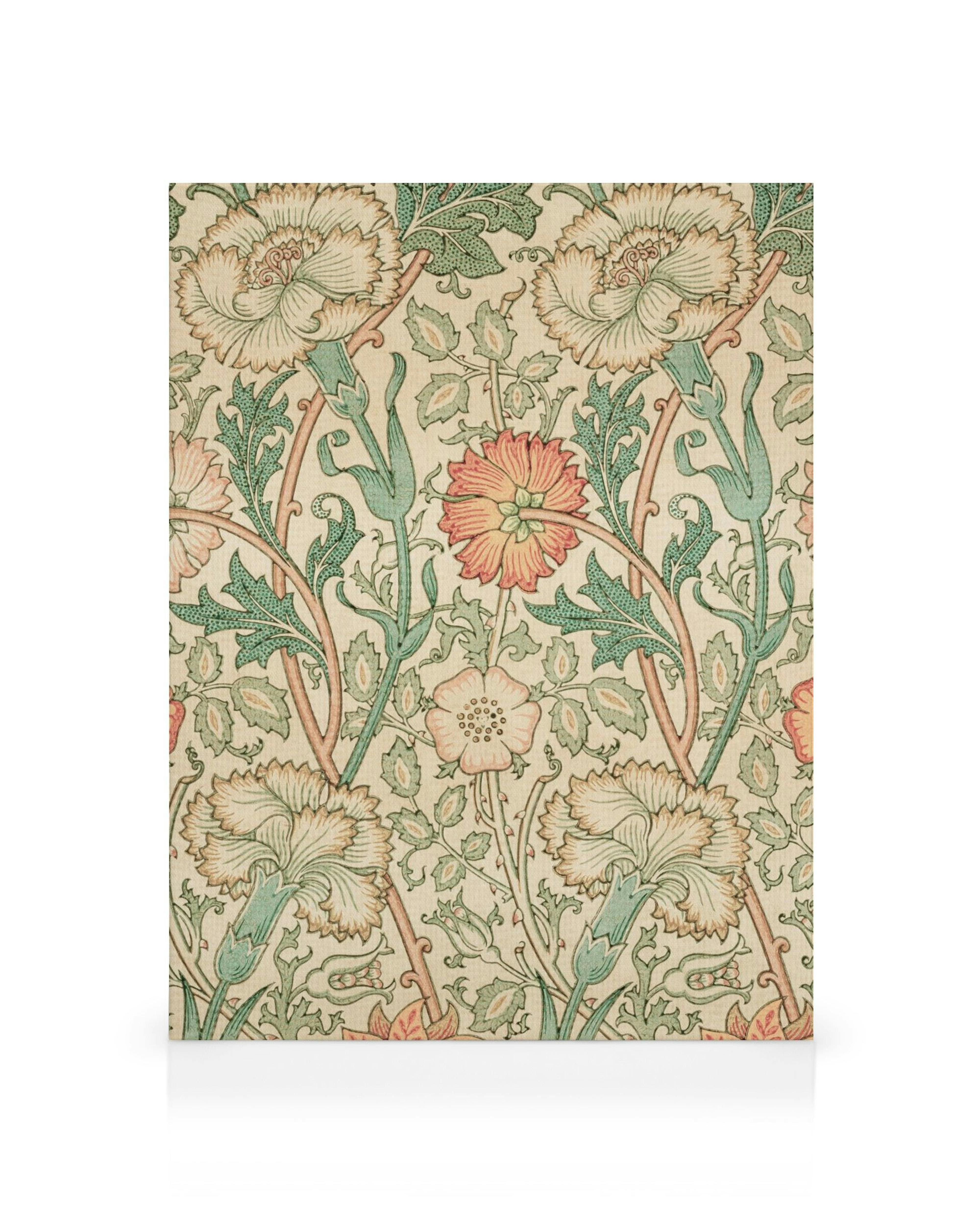 William Morris Pink and Rose floral pattern canvas print with yellow, orange, and white blossoms on a light beige background.