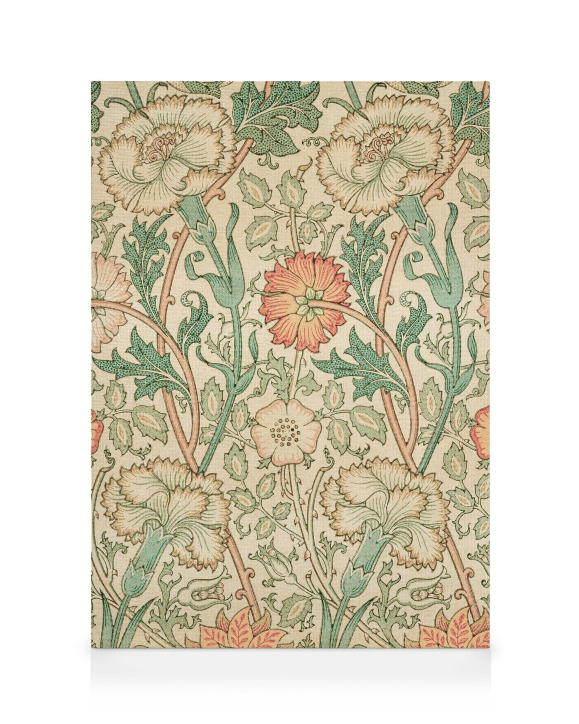 Καμβάς William Morris Pink and Rose, με σχέδιο από ροζ και κοραλί άνθη και πράσινα φύλλα.