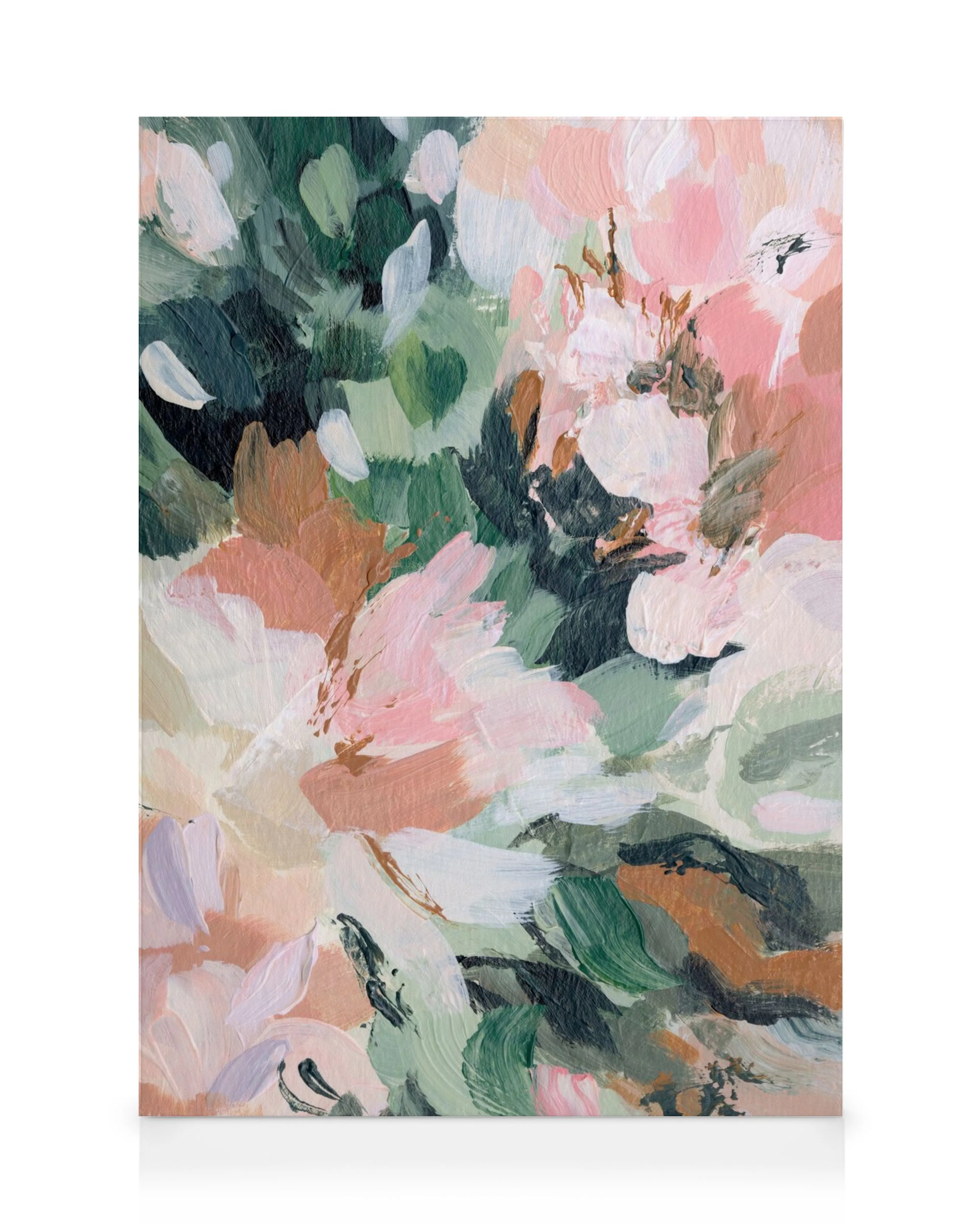 Leinwandbild mit pastellfarbenen Blumen in Rosa, Grün und Weiß, gemalt mit breiten Pinselstrichen, die Blütenblätter andeuten.