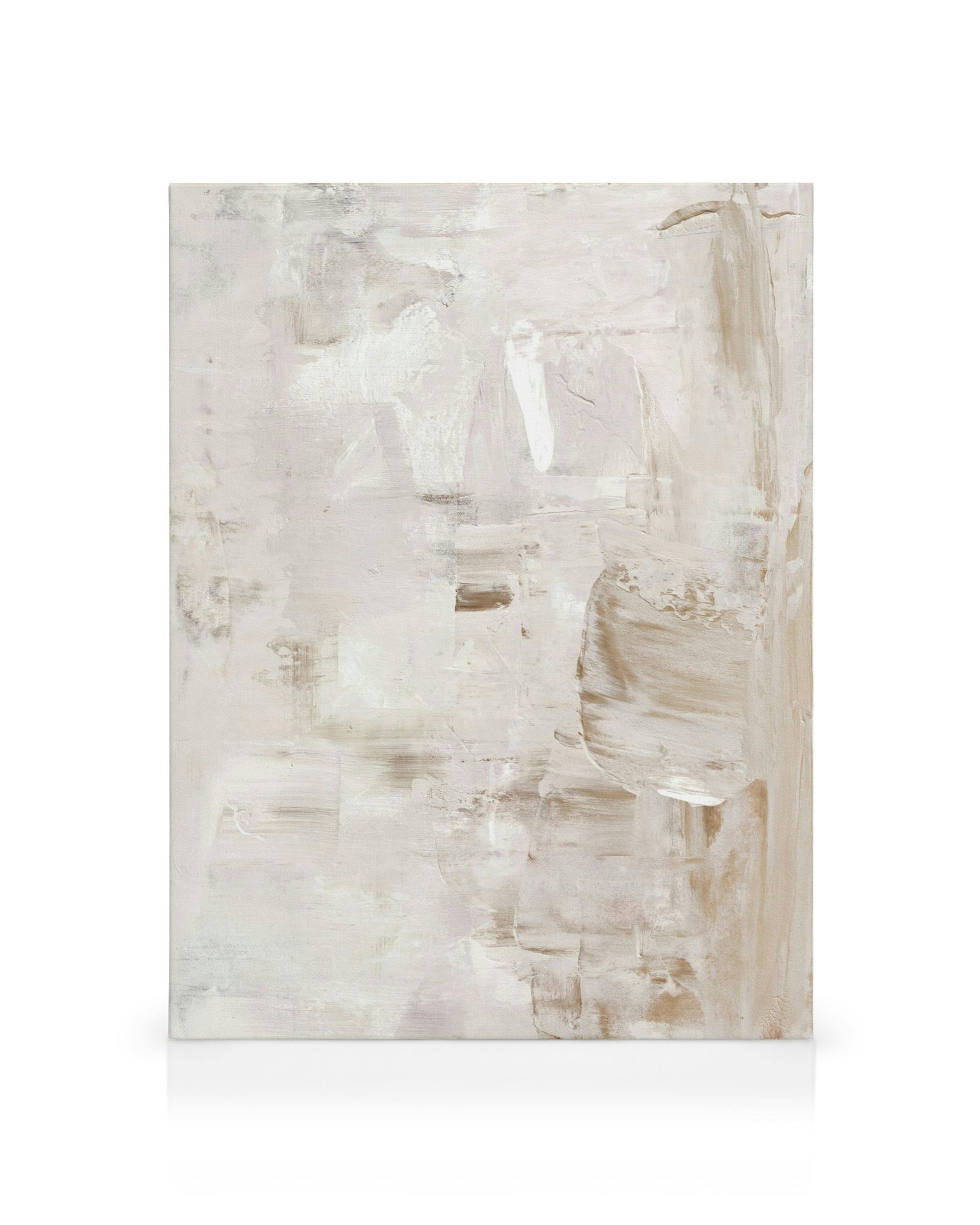 Abstract canvas print with textured brush strokes in cream, white, and light gray tones, creating a layered effect.
