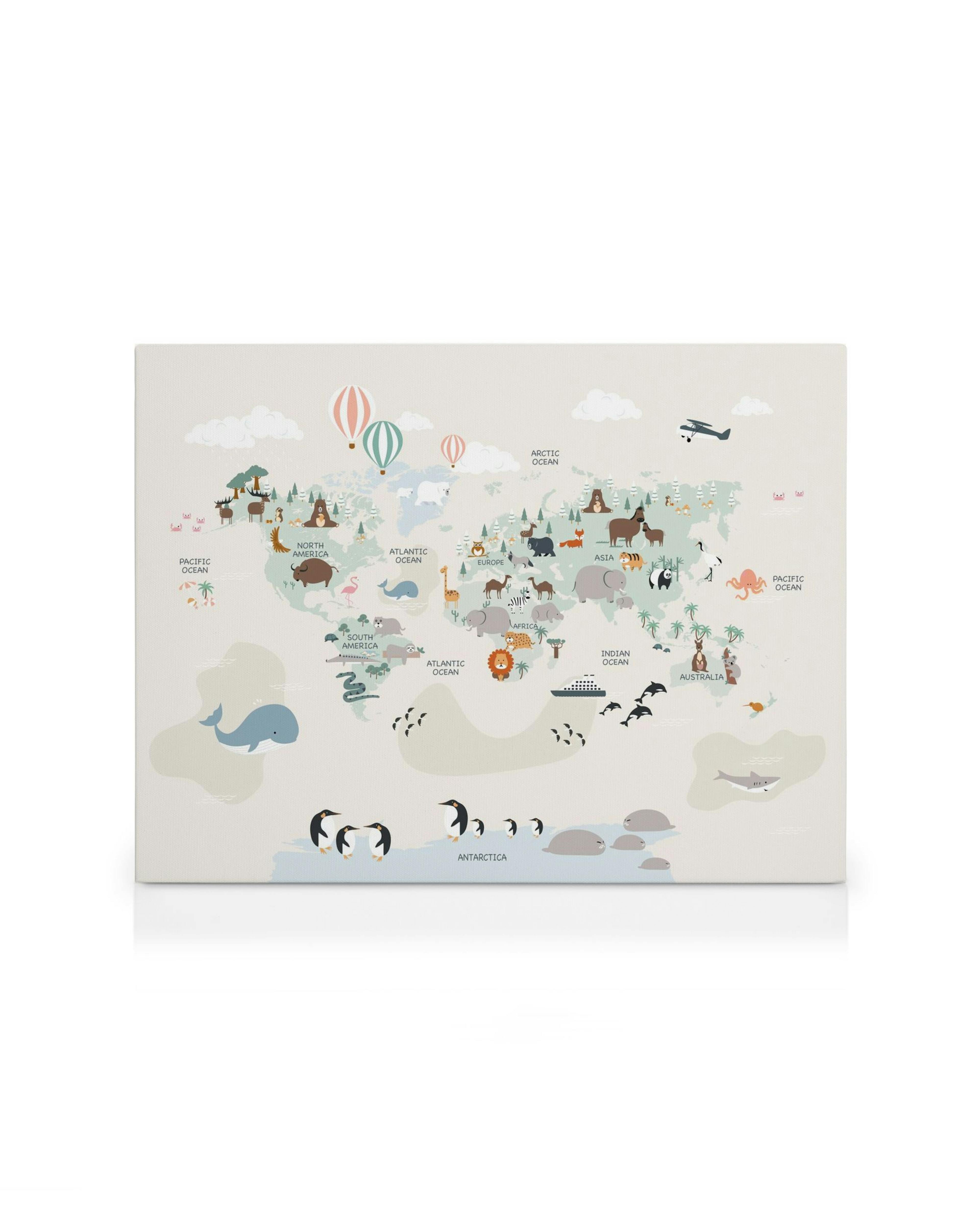 Stylized world map canvas print with animals, landmarks, and hot air balloons in muted colors.