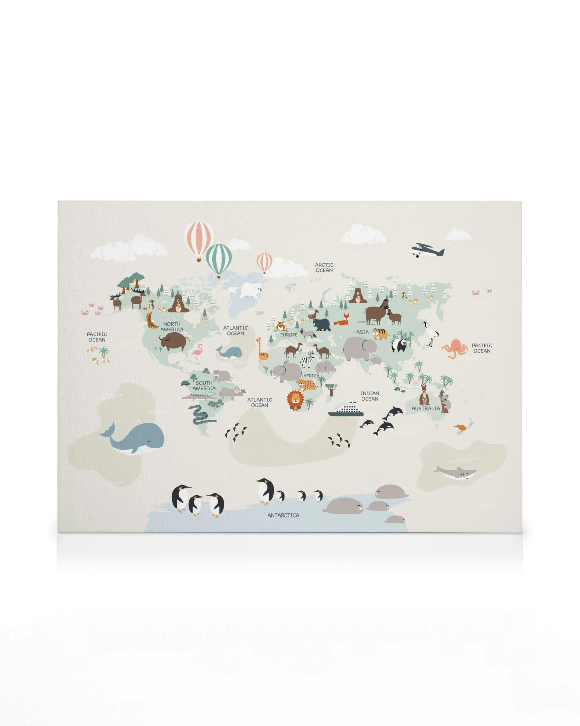 Toile carte du monde avec animaux, repères et vagues, couleurs douces, icônes continentales et océaniques, typographie élégante