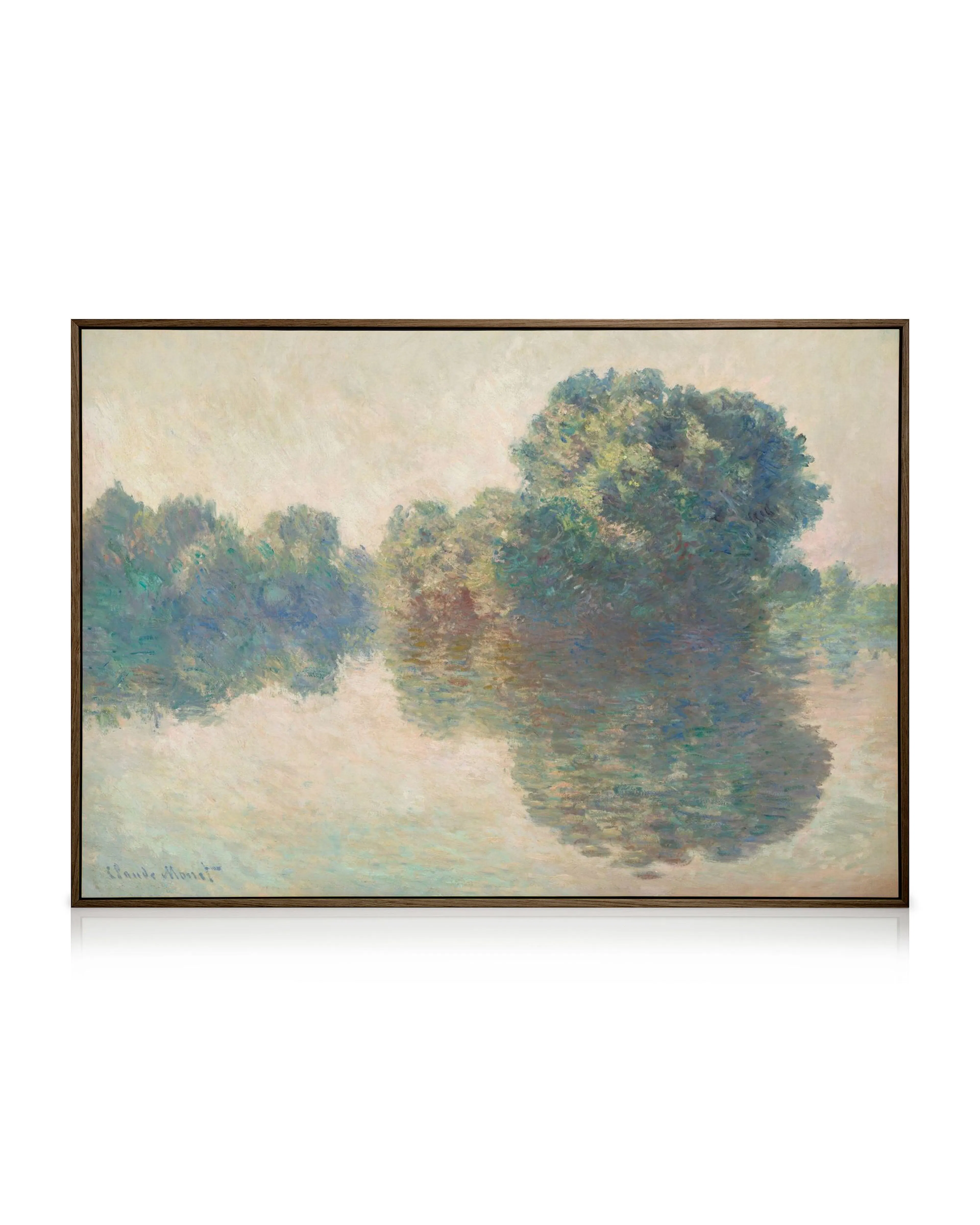 Monet Gemälde, Bäume spiegeln sich in Wasser, weiche Pinselstriche, blaue, grüne, weiße und rosa Töne