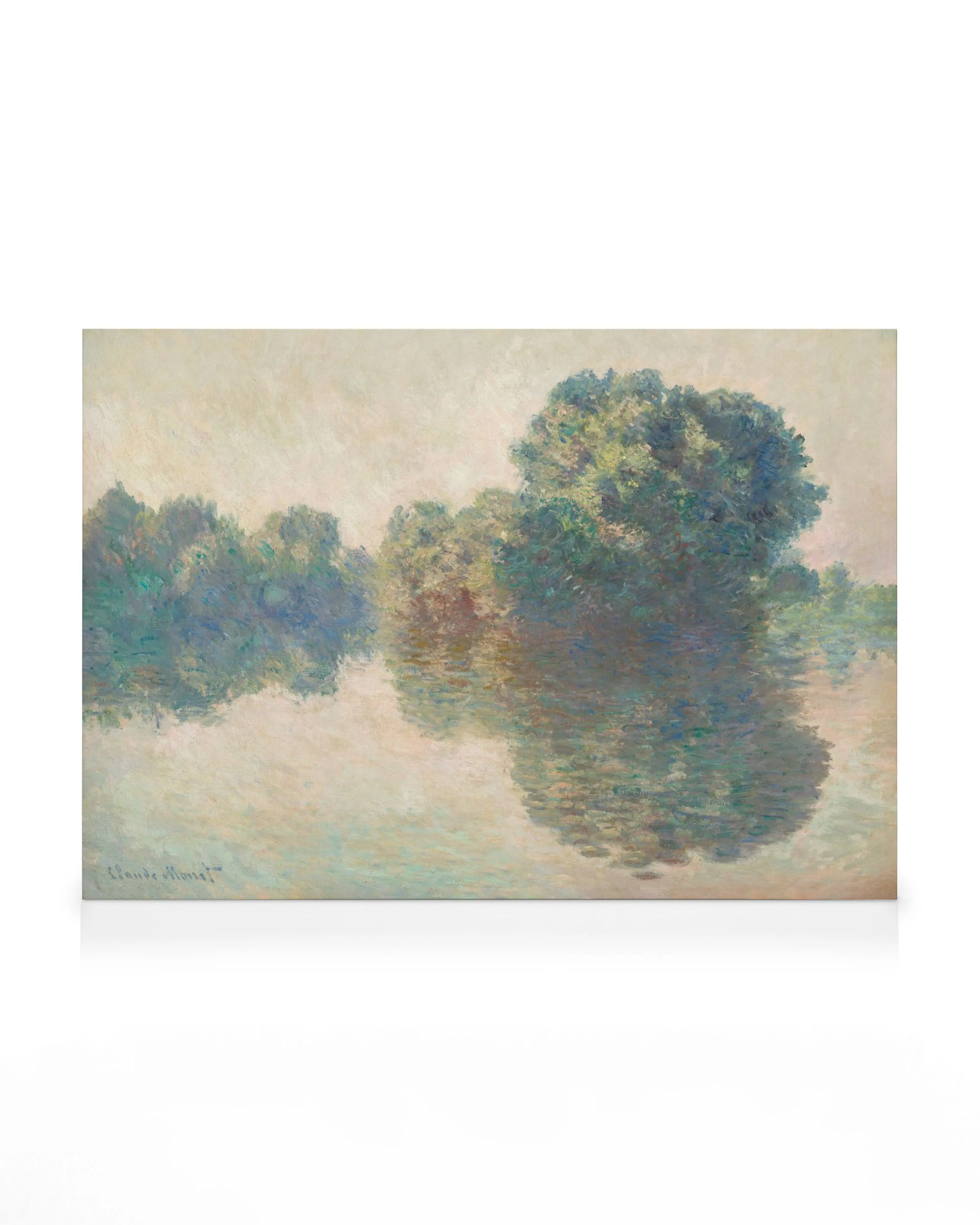 Monet Gemälde, Bäume spiegeln sich in Wasser, weiche Pinselstriche, blaue, grüne, weiße und rosa Töne