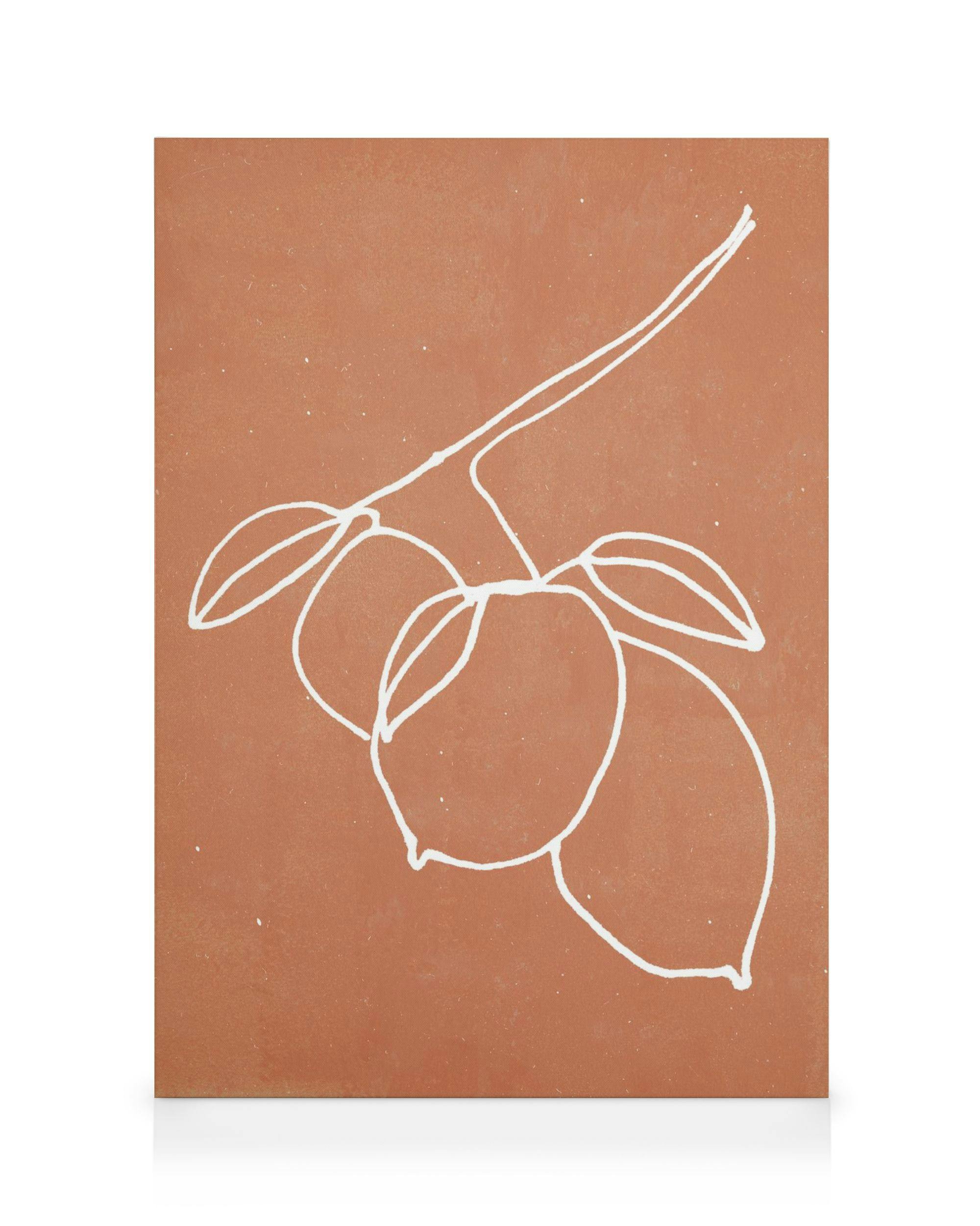 Leinwandbild mit weißer, minimalistischer Linienzeichnung von drei Zitronen an einem Zweig auf terrakottafarbenem Hintergrund.