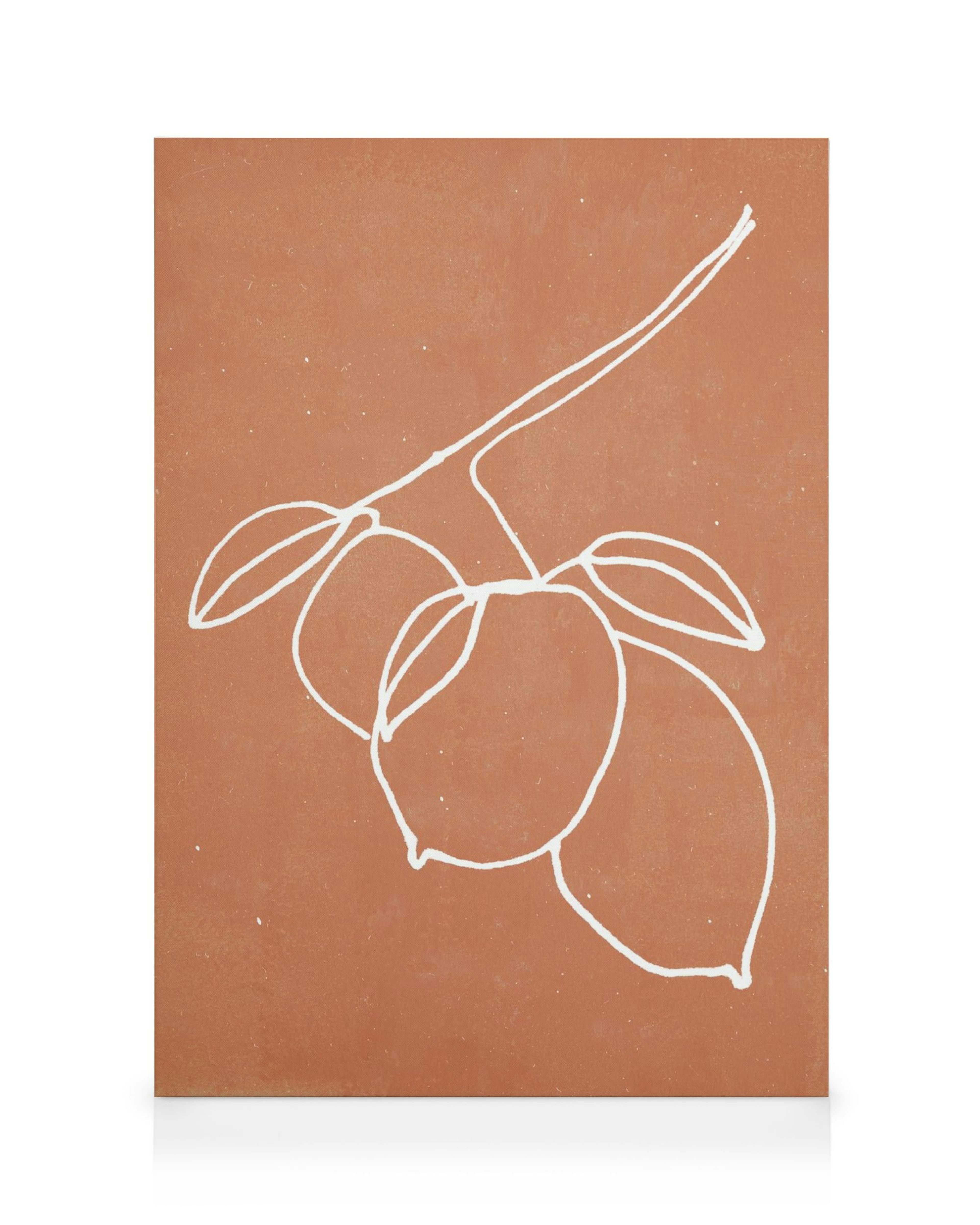 Leinwandbild mit weißer, minimalistischer Linienzeichnung von drei Zitronen an einem Zweig auf terrakottafarbenem Hintergrund.