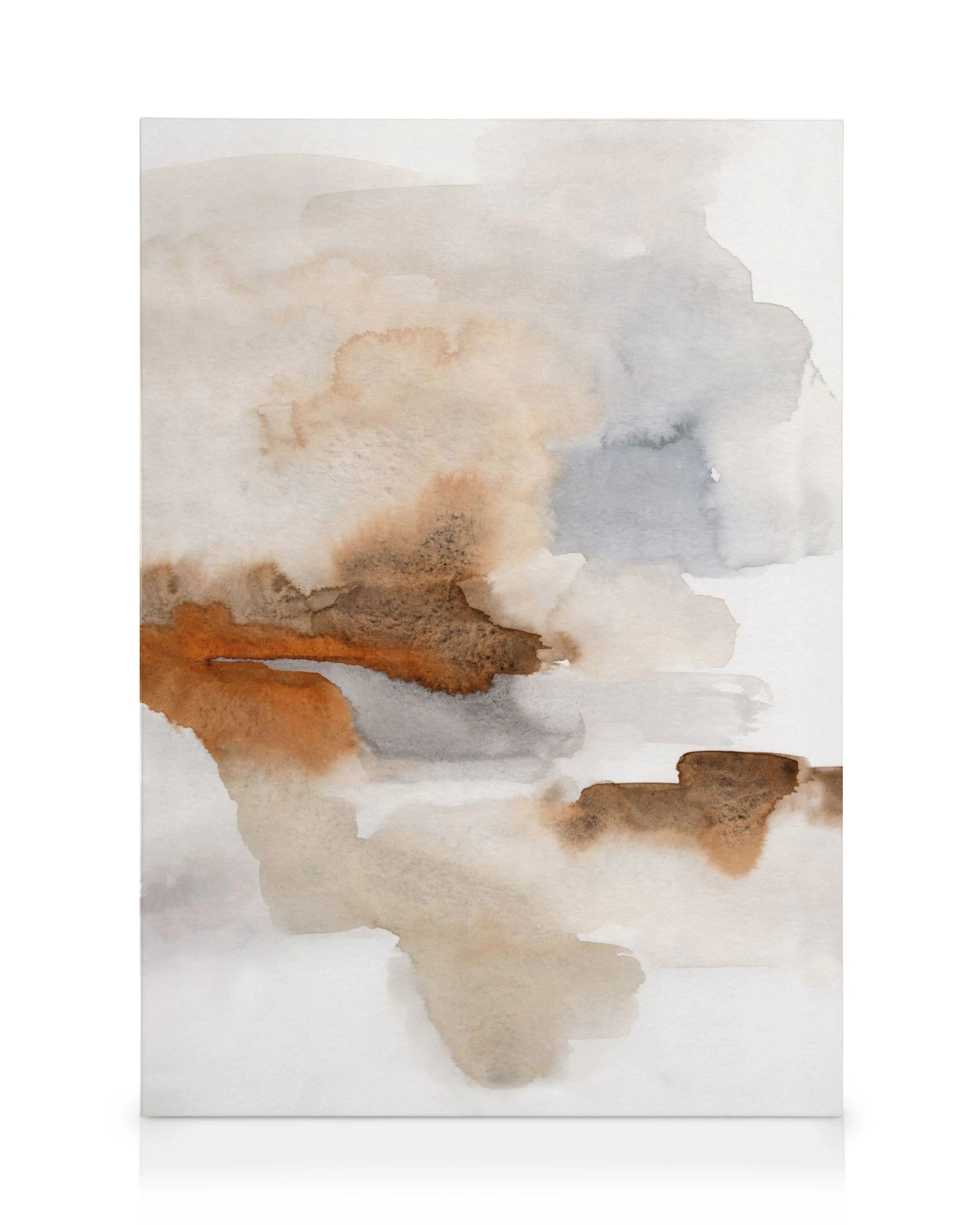 Aquarel canvas met vloeiende vegen in bruin, grijs en wit, een rustig kunstwerk voor elke muur.