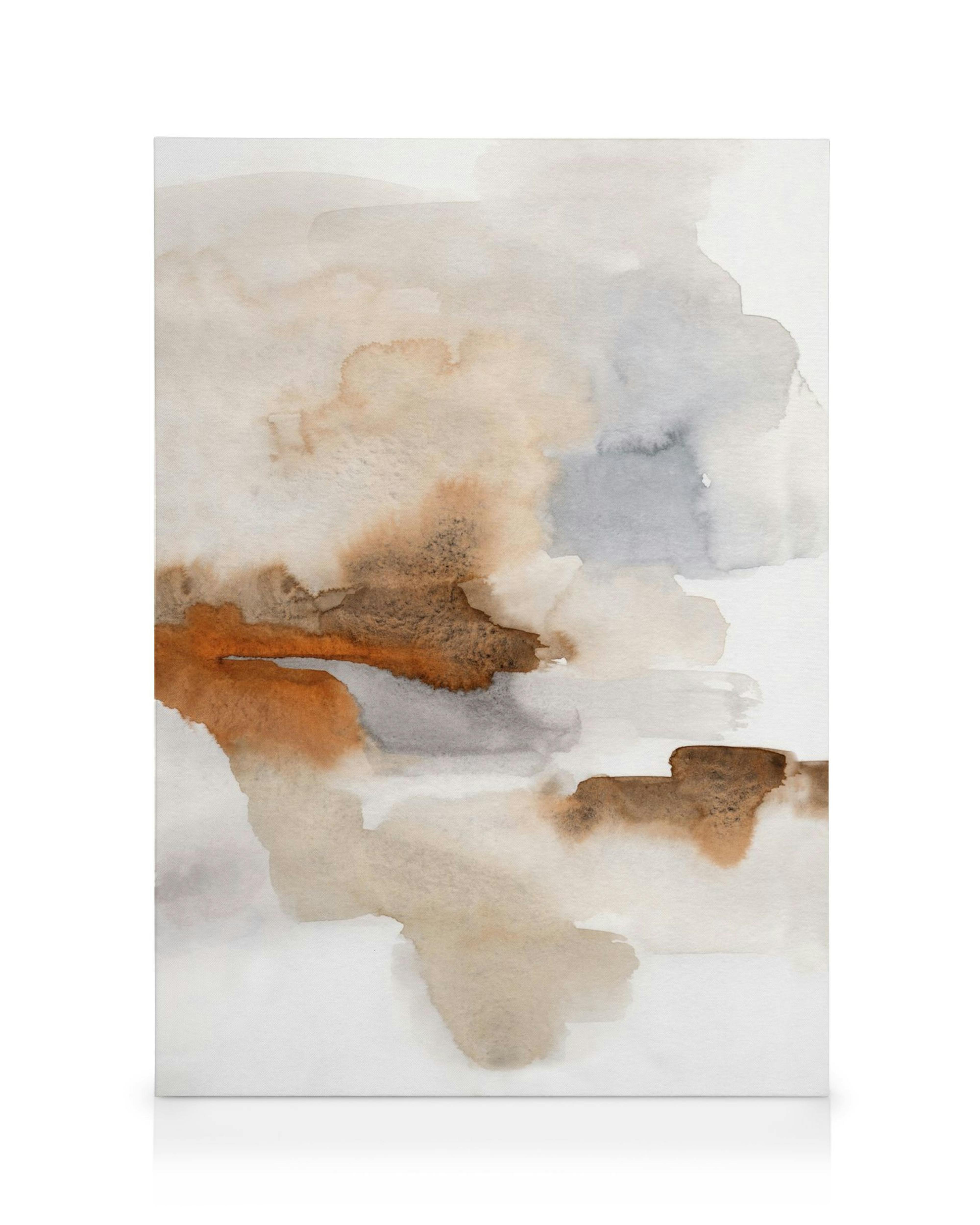 Toile aquarelle aux tons brûlés avec des motifs abstraits en marron, gris et blanc