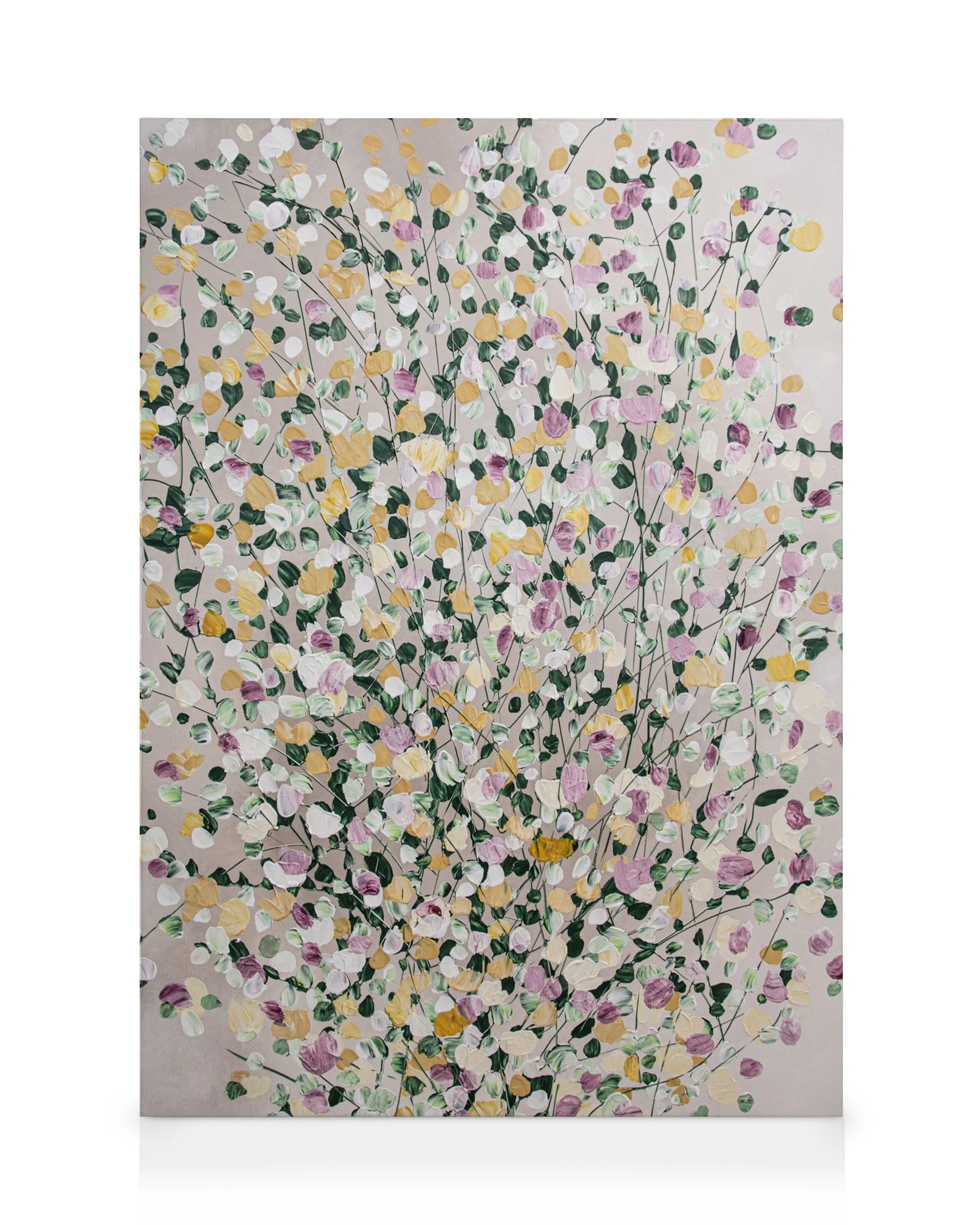 Textured floral canvas with raised dots in gold, green, white, and purple on a beige background, abstract nature art.
