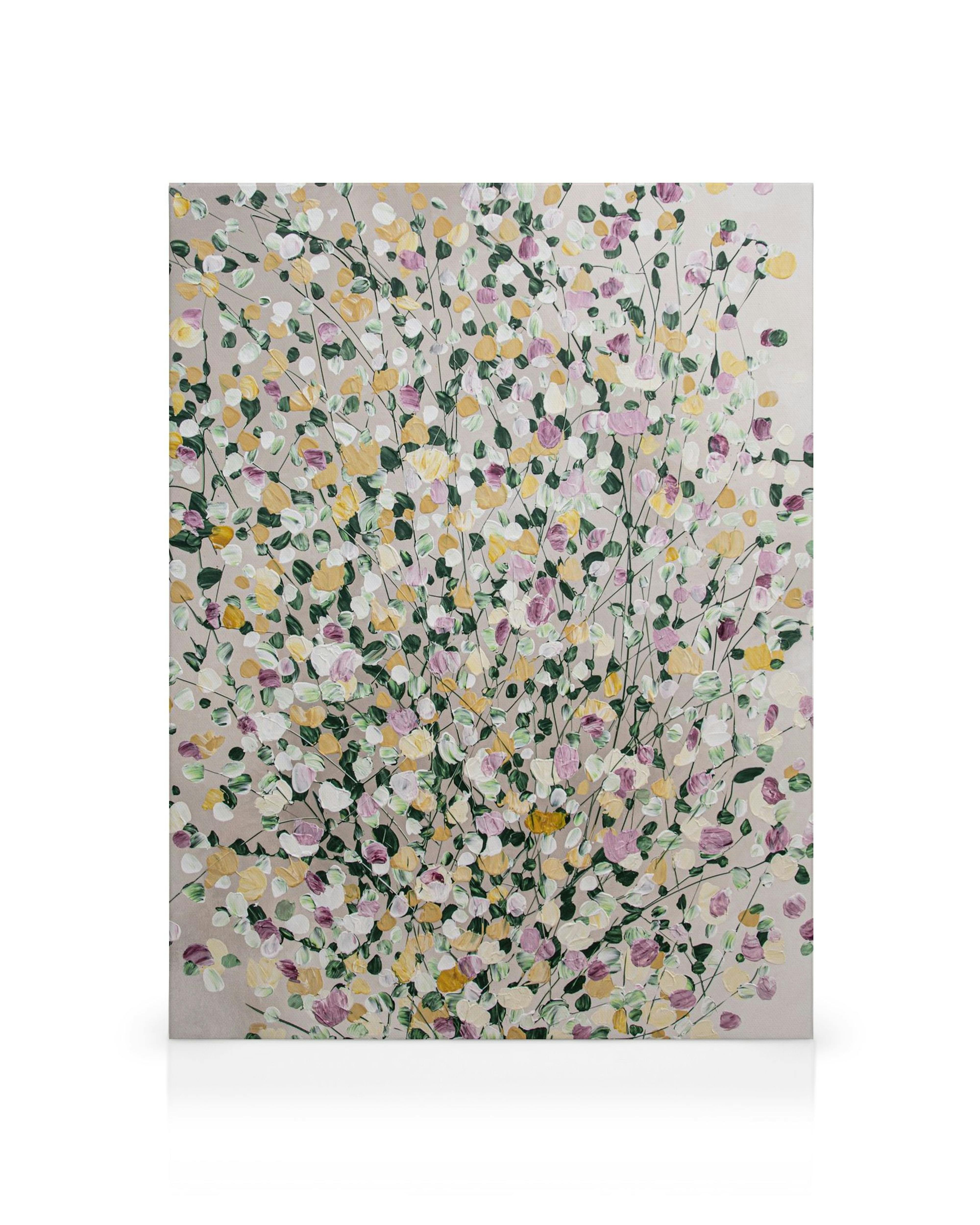 Textured floral canvas with raised dots in gold, green, white, and purple on a beige background, abstract nature art.