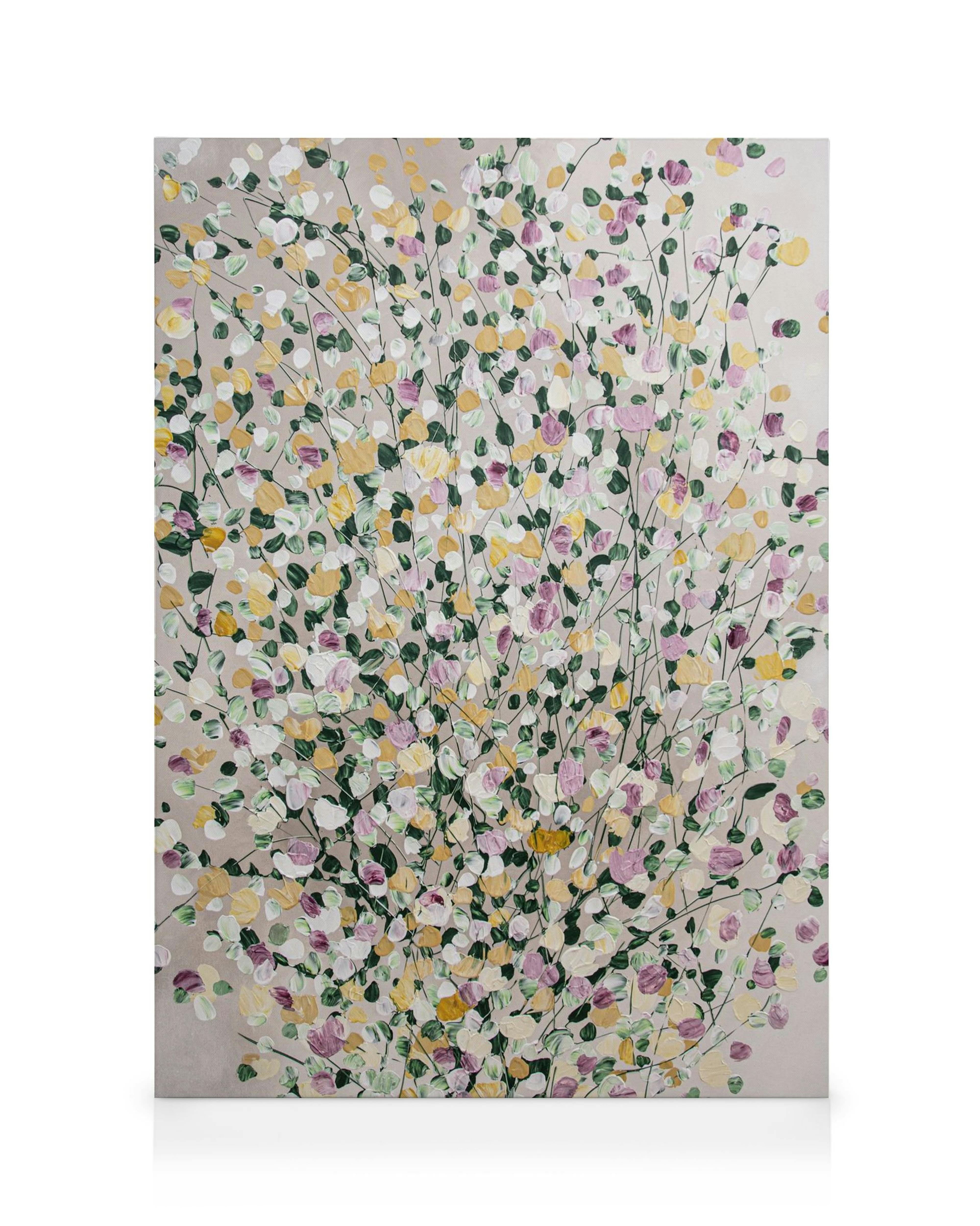 Toile abstraite avec typographie de petites fleurs colorées sur fond clair, tons roses, jaunes, blancs et verts.