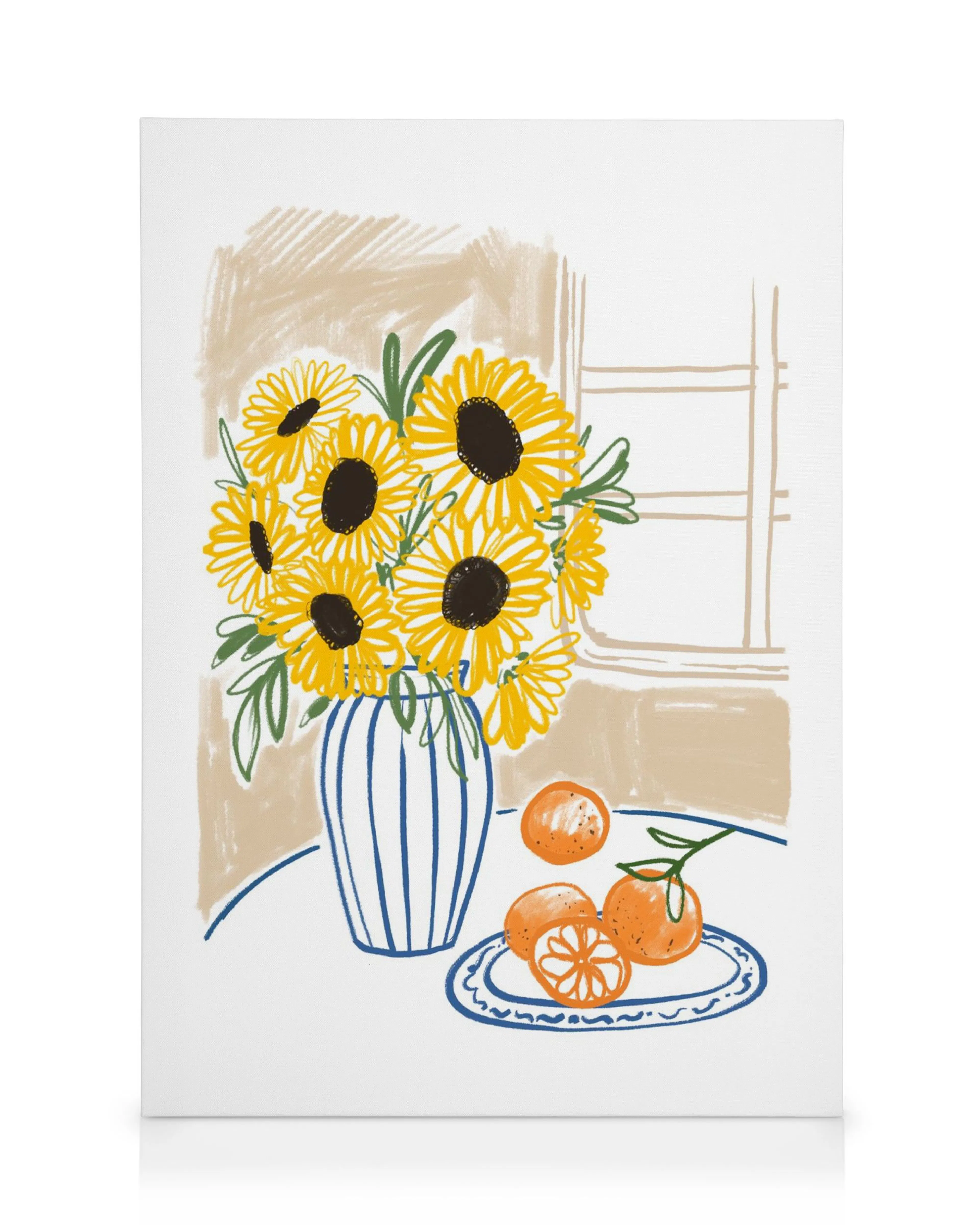 Yellow flowers in blue striped vase, orange fruit on plate, brown background