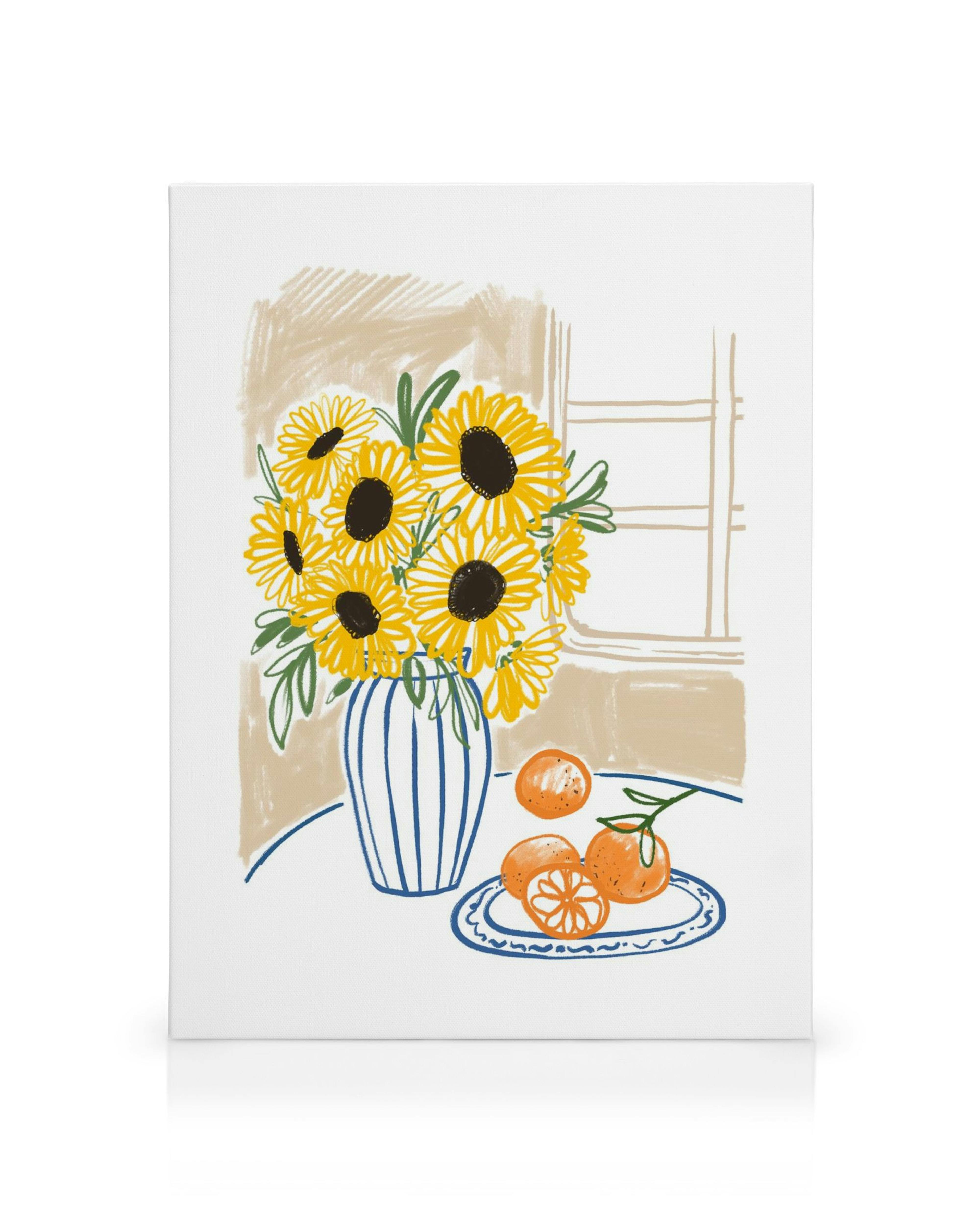 Botanical illustration canvas print of yellow flowers in a blue-striped vase with oranges on a white surface.