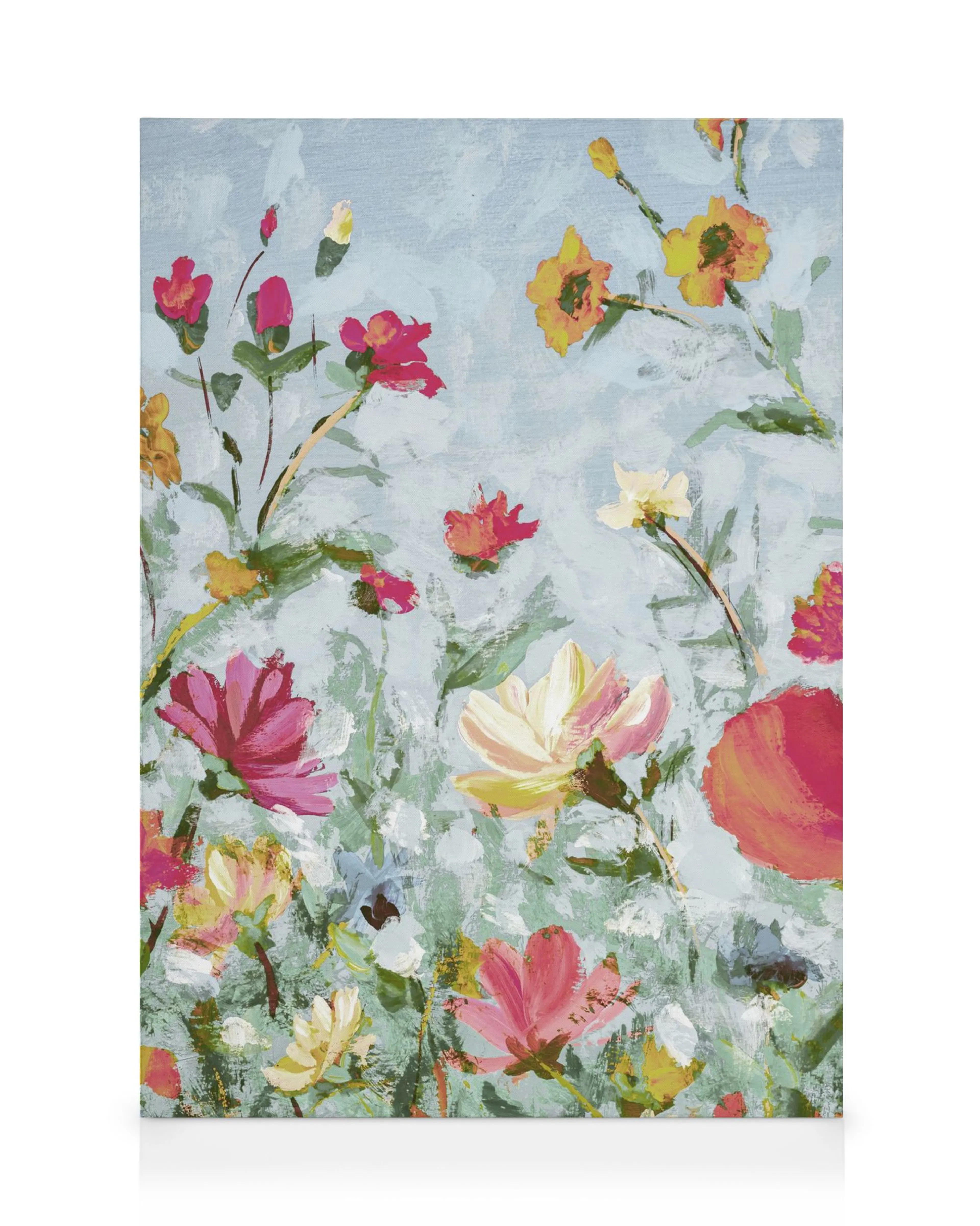 Semi-abstract floral canvas print with pink, red, yellow, and white flowers on a pale blue background. Brushstrokes.