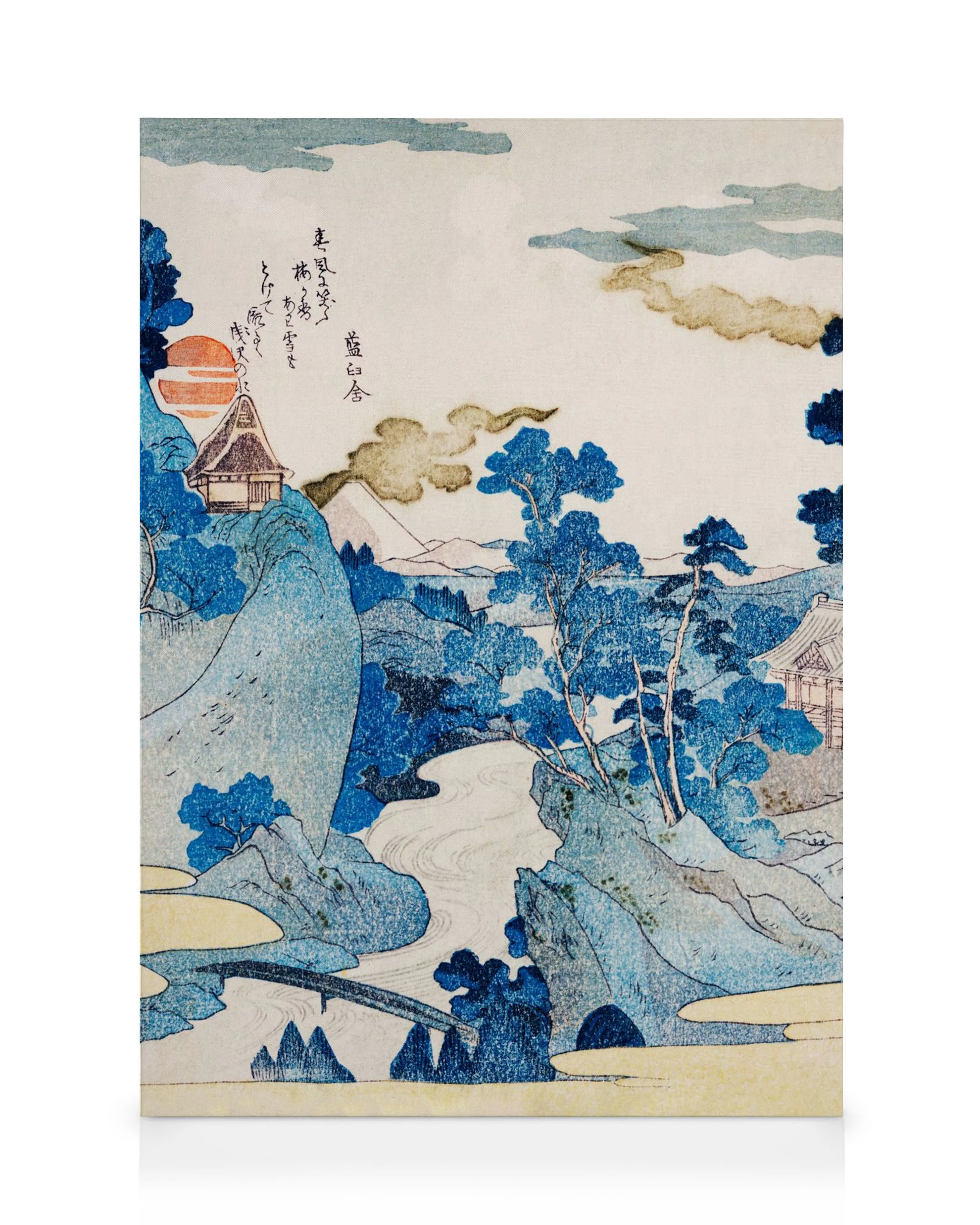Toile japonaise darbres bleus le long dune rivière, avec des bâtiments et un toit rouge-orange sur fond beige.