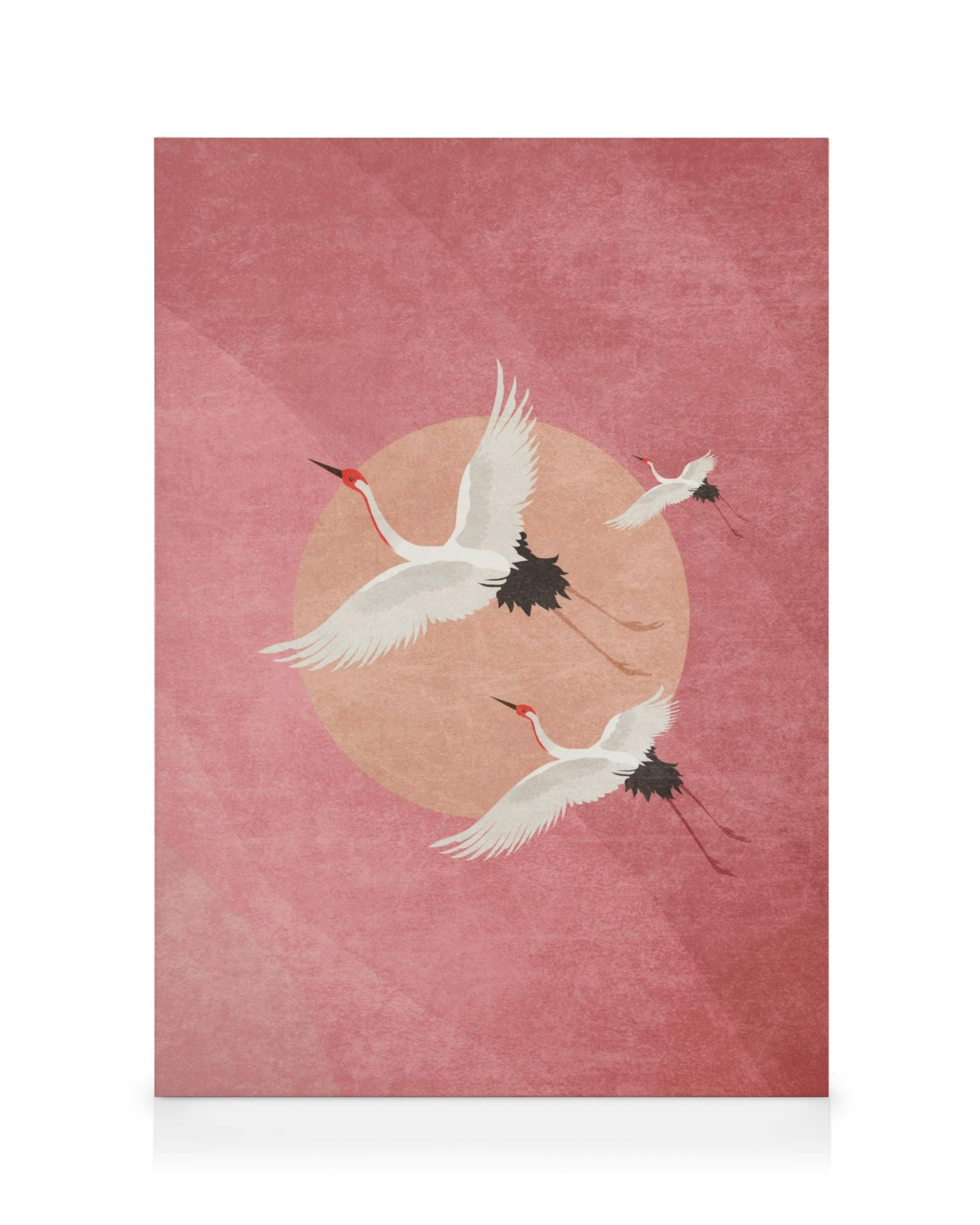 Lerret med tre hvite traner med svarte haler og røde hoder som flyr over en blek rosa sirkel, rosa bakgrunn