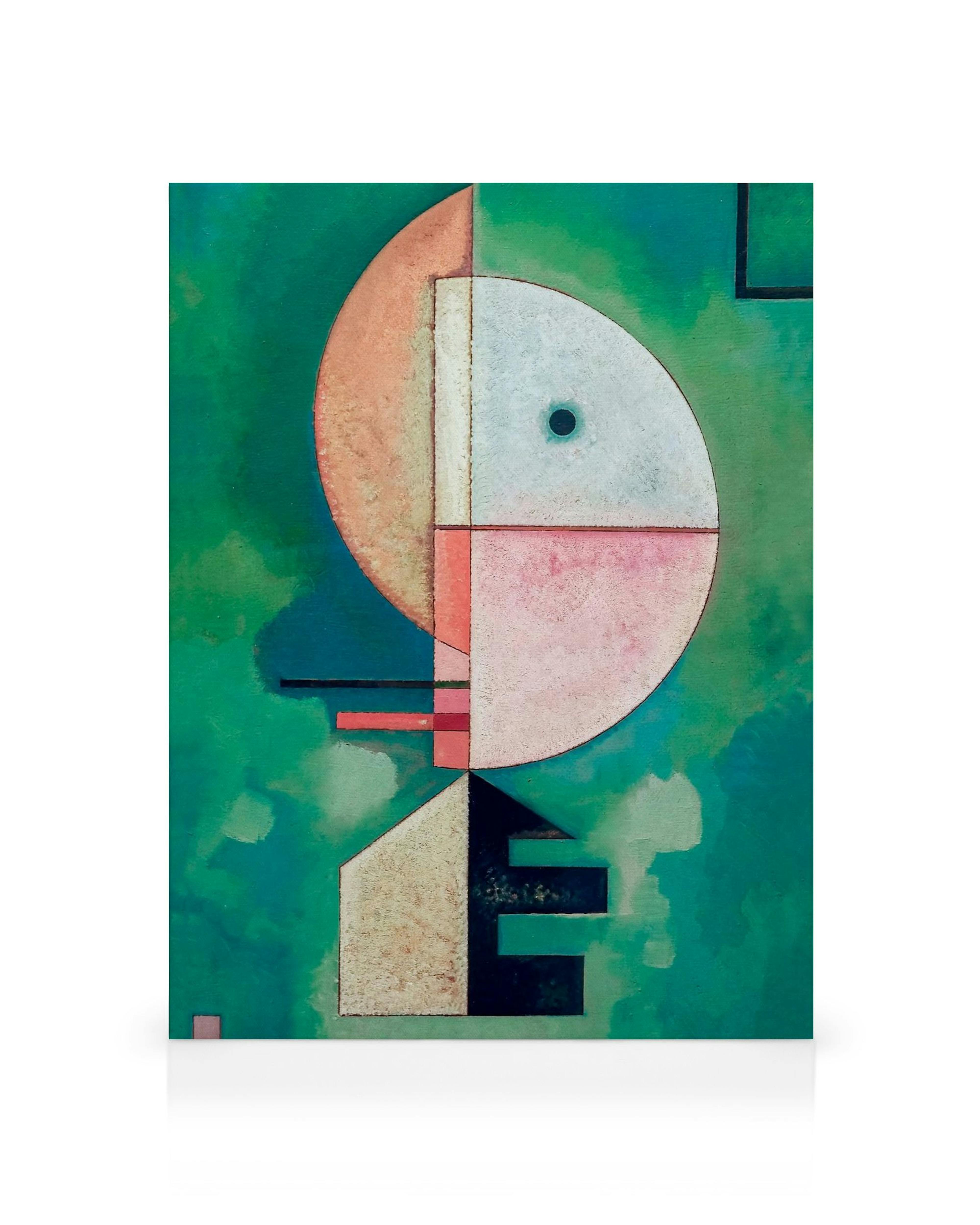 Obraz Kandinsky Upward: geometryczne kształty w pomarańczowym, białym, czarnym, czerwonym, beżowym na zielonym tle.